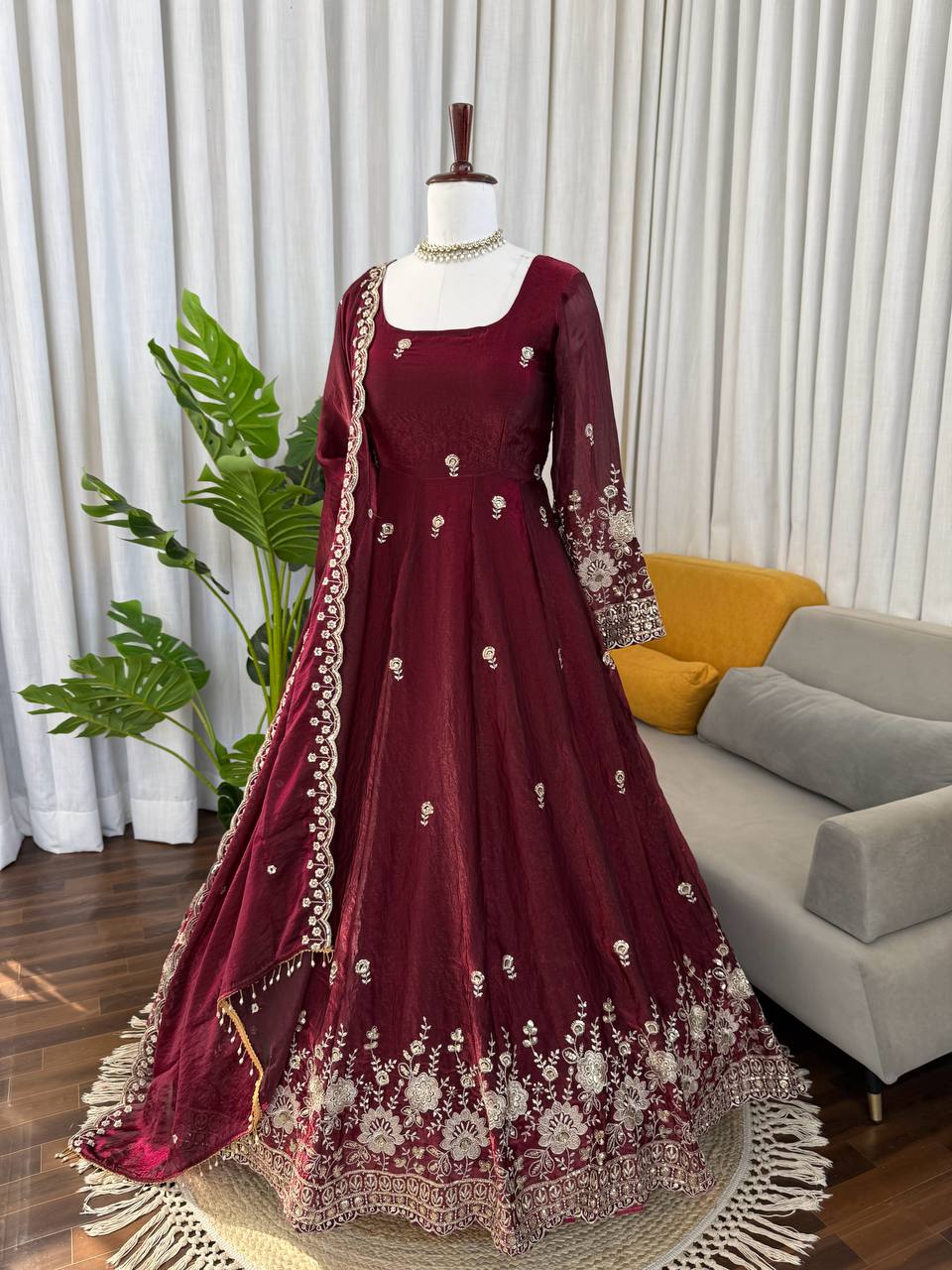 Gorgeous Maroon Fendy Silk Zari Sequence Work Anarkali Suit Set With Dupatta | Anarkali Suit For Women