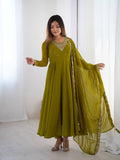 Graceful Mehndi Color Anarkali Gown For Women