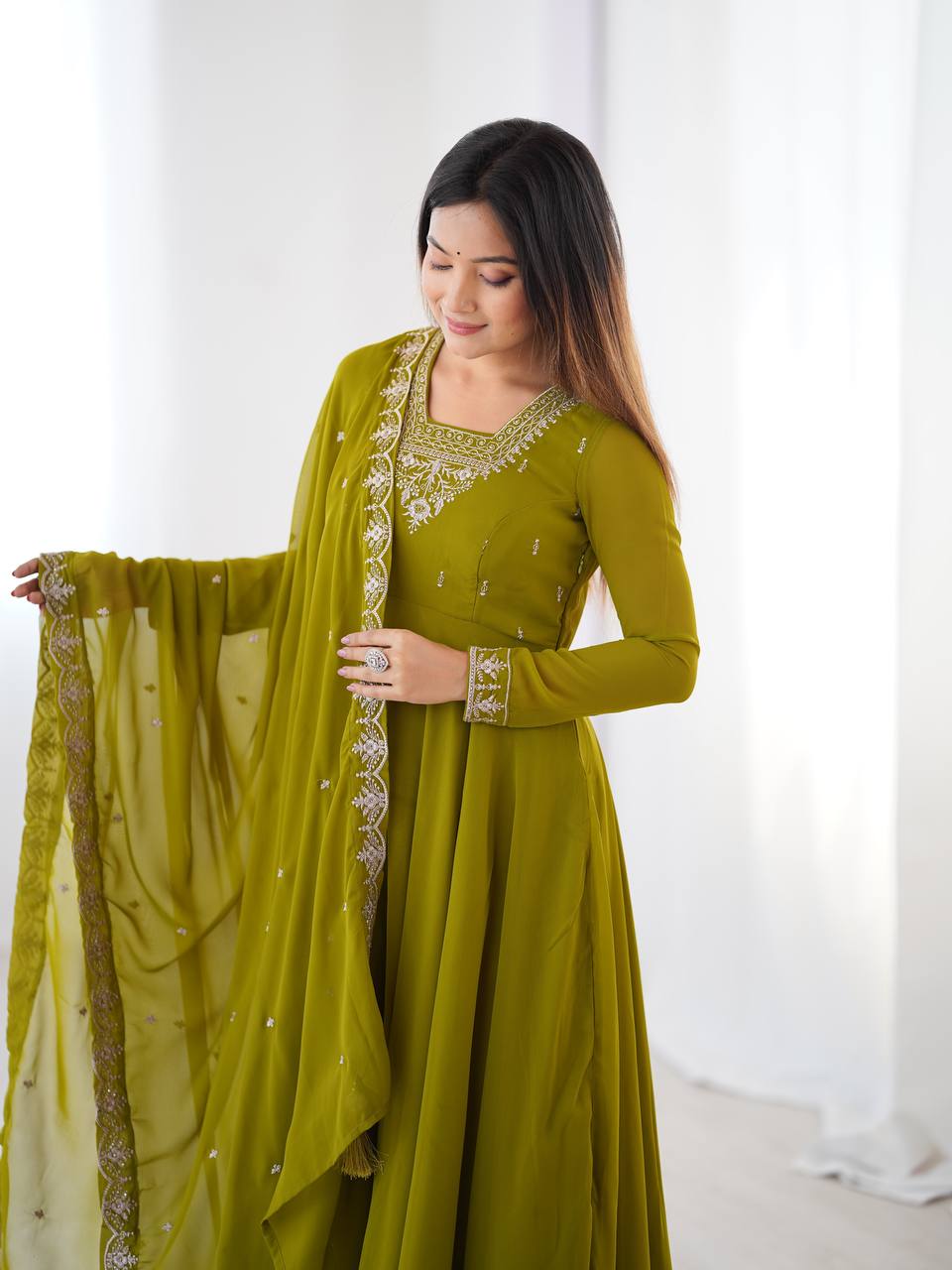 Graceful Mehndi Color Anarkali Gown For Women