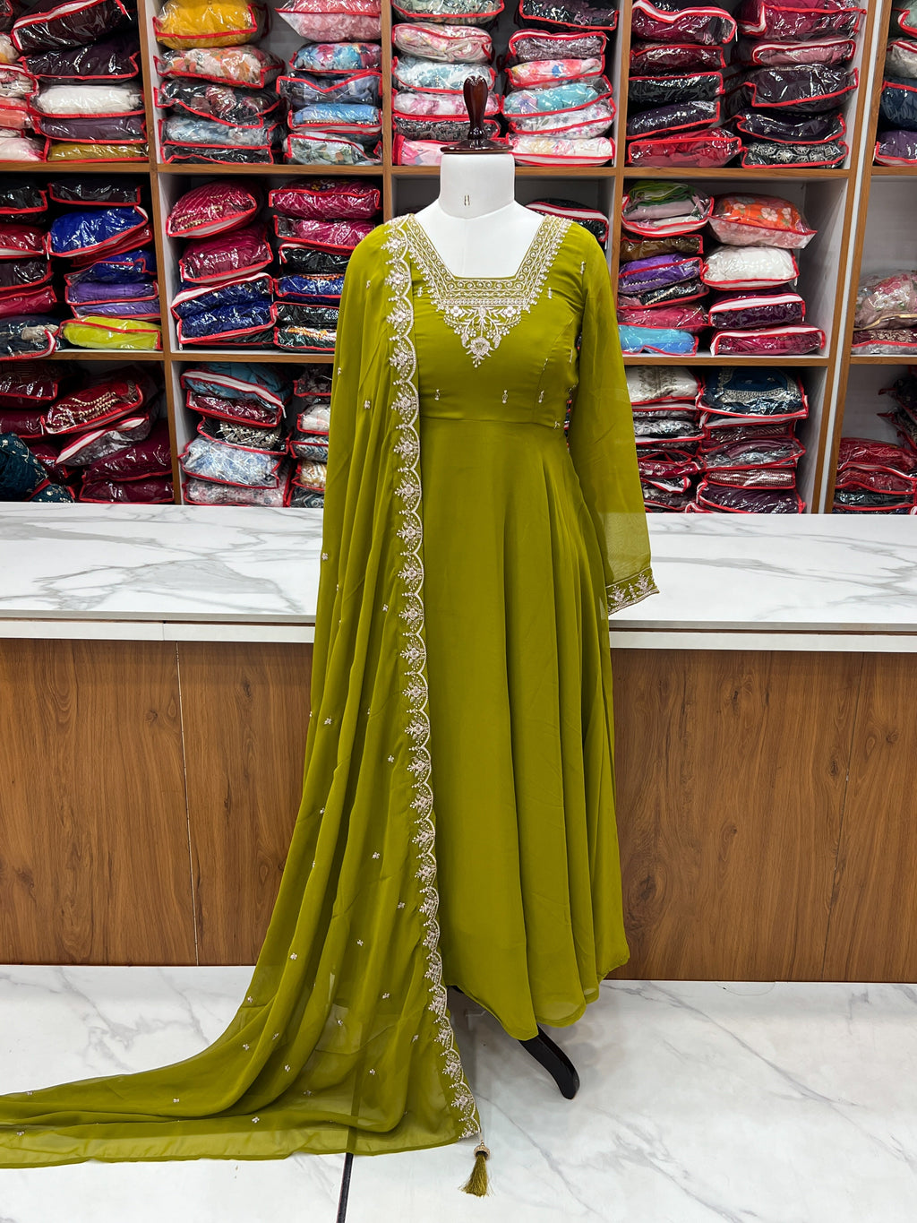 Graceful Mehndi Color Anarkali Gown For Women
