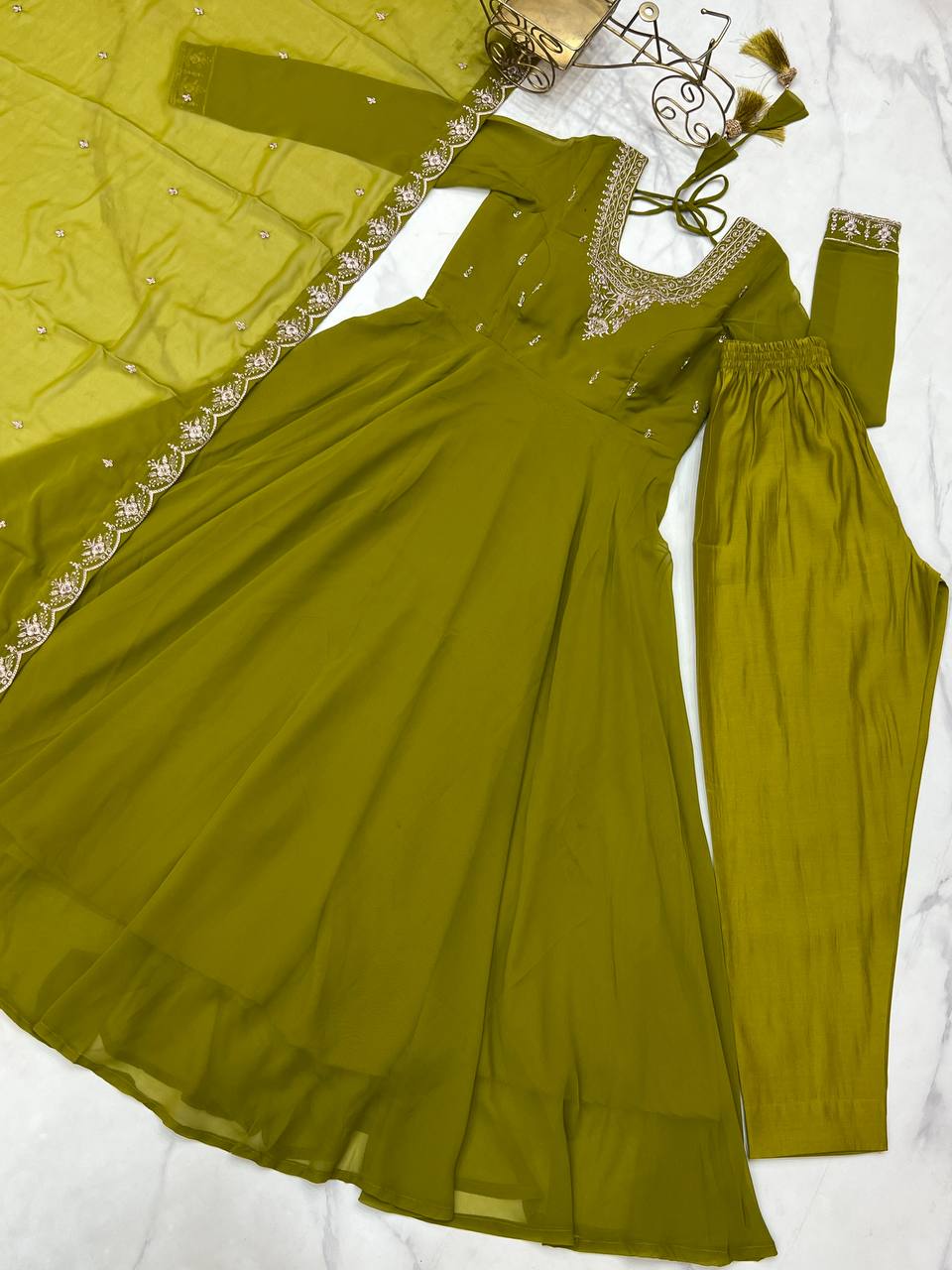 Graceful Mehndi Color Anarkali Gown For Women