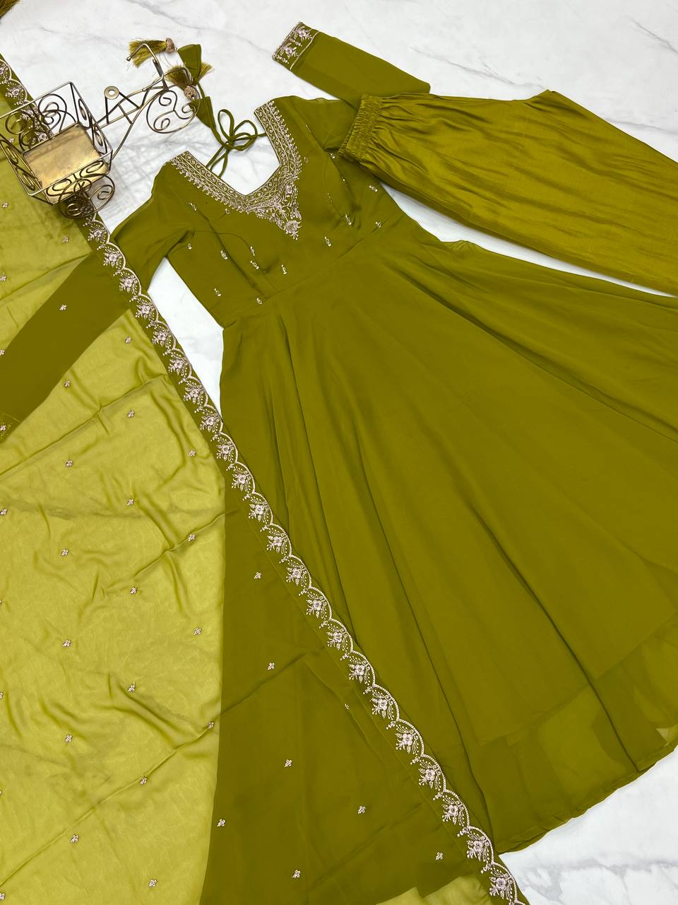 Graceful Mehndi Color Anarkali Gown For Women
