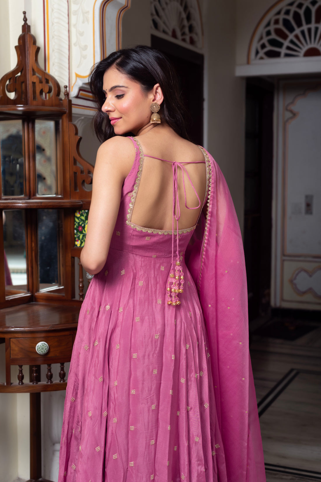 Gravity Pink Anarkali Suit Set With Golden Embelishment And Dupatta | Anarkali Suit For Women