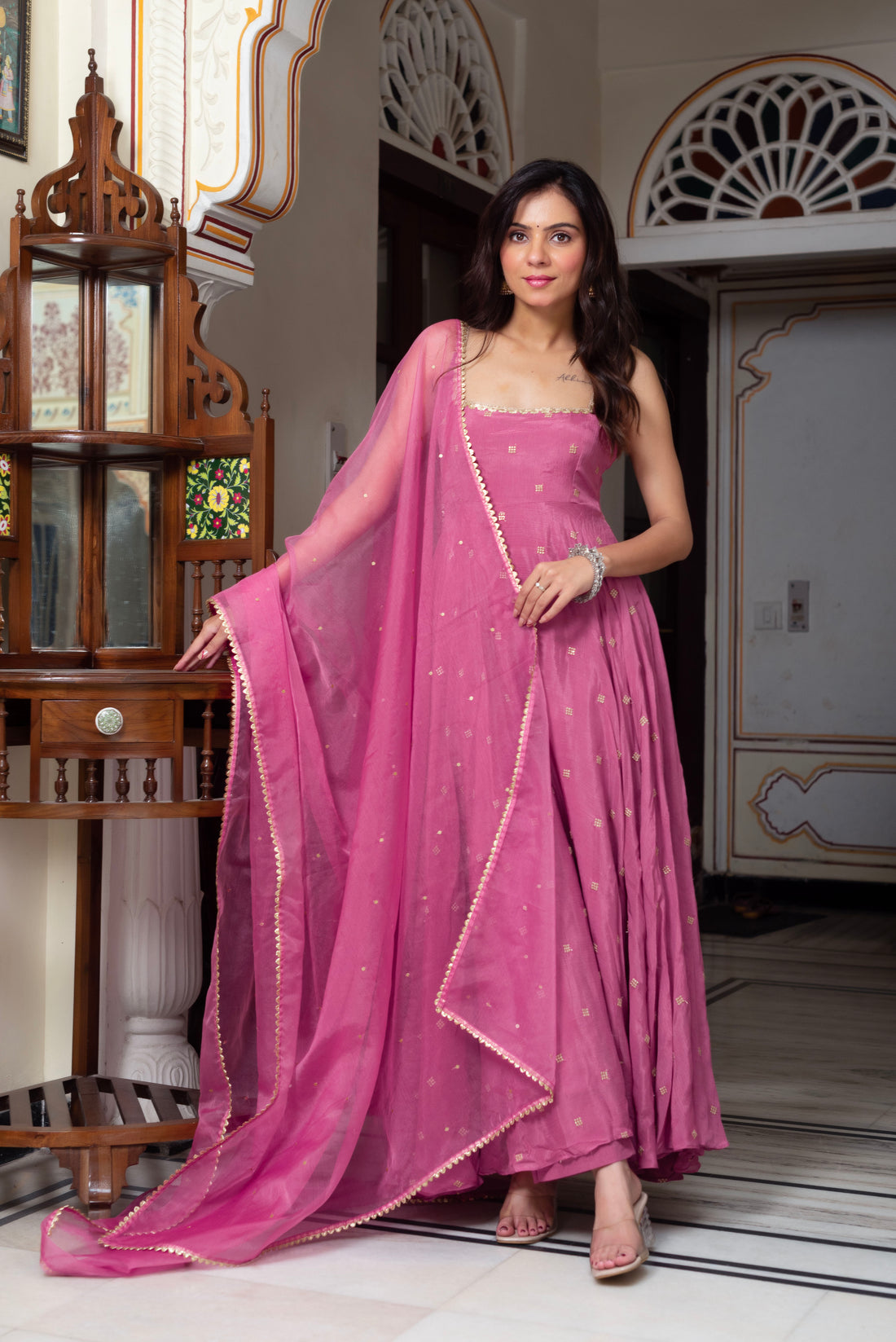 Gravity Pink Anarkali Suit Set With Golden Embelishment And Dupatta | Anarkali Suit For Women