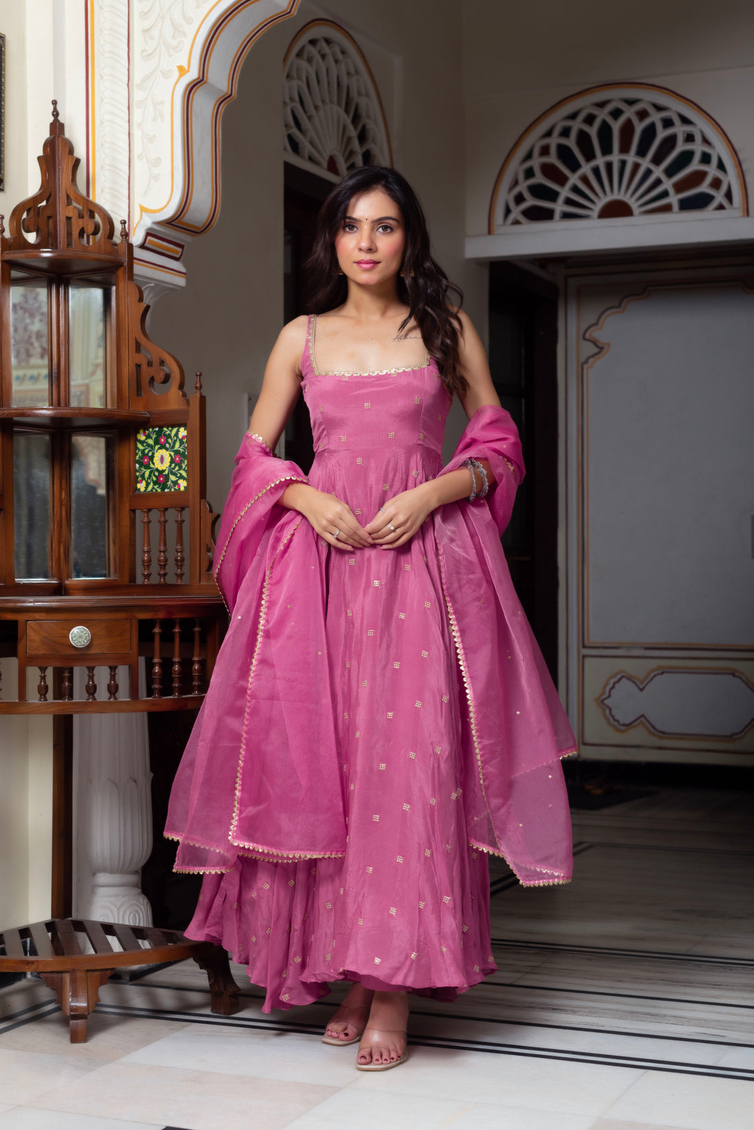 Gravity Pink Anarkali Suit Set With Golden Embelishment And Dupatta | Anarkali Suit For Women