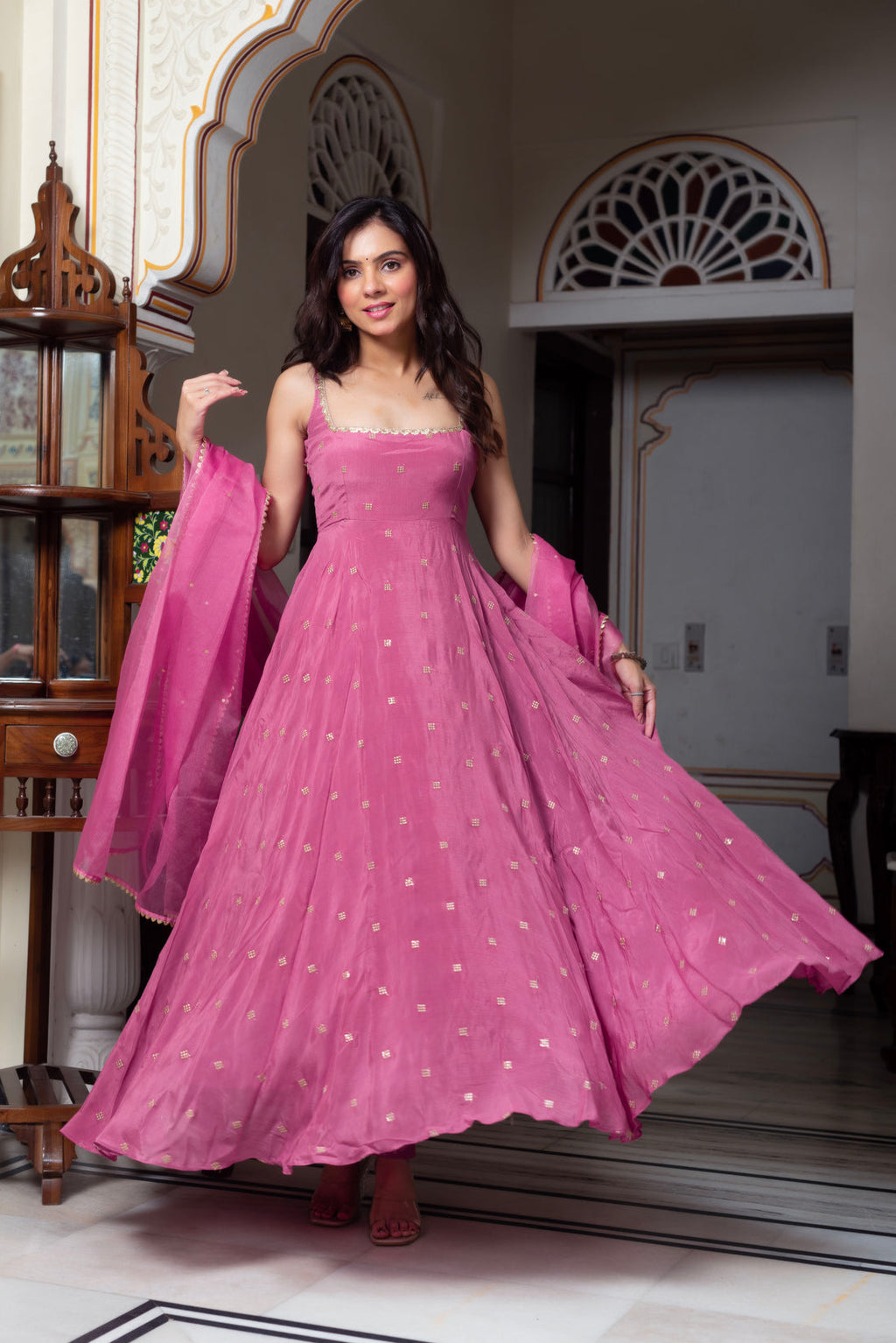 Gravity Pink Anarkali Suit Set With Golden Embelishment And Dupatta | Anarkali Suit For Women