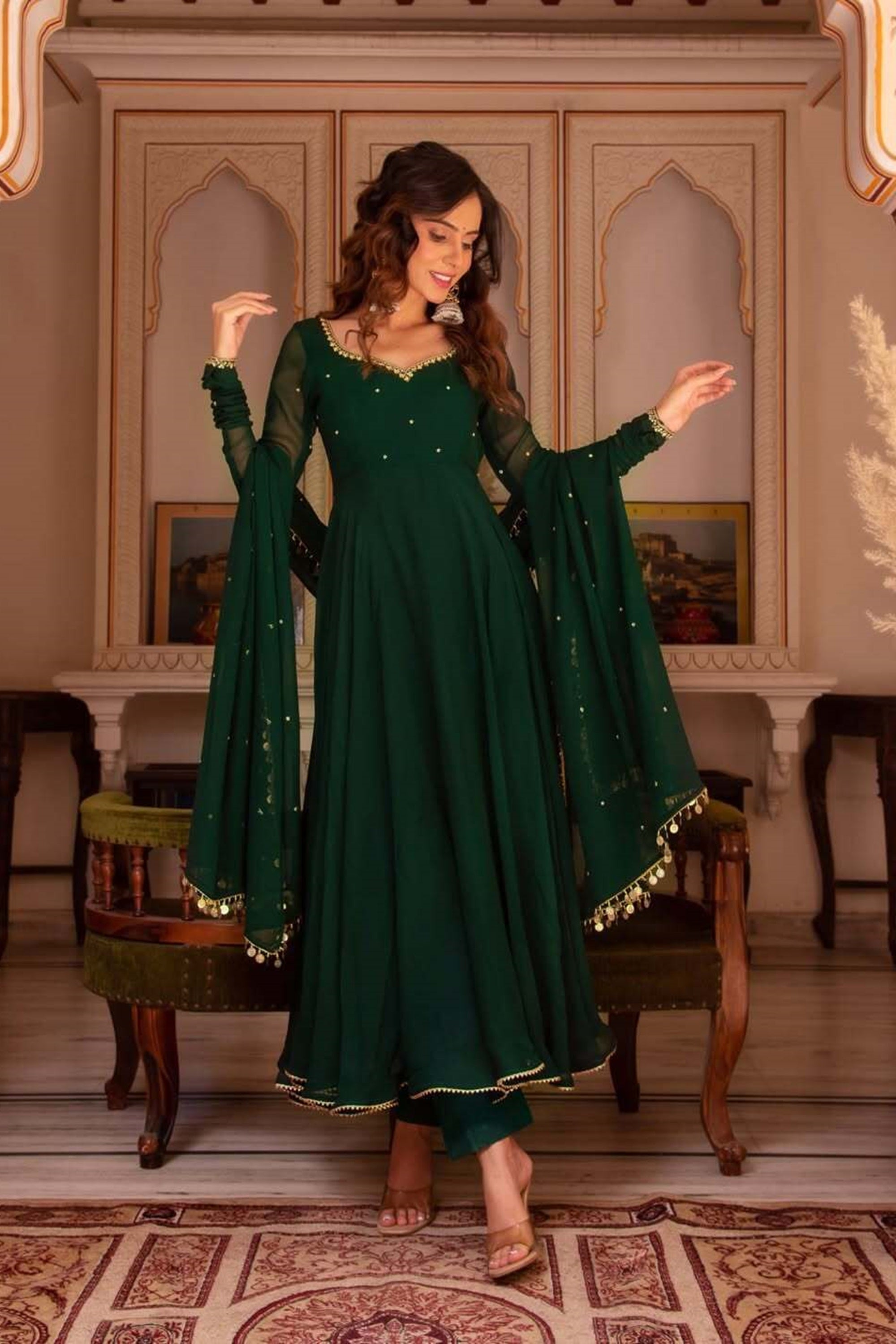Green Color Georgette Anarkali Suit For Women