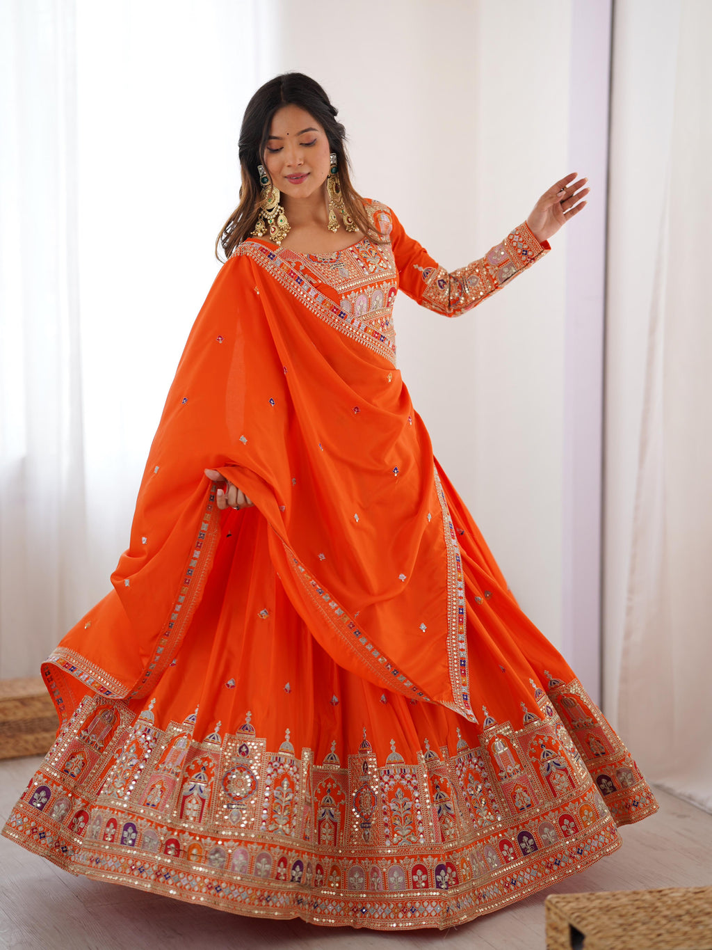 Wedding Wear Orange Color Natural Crepe silk Lehenga Choli
