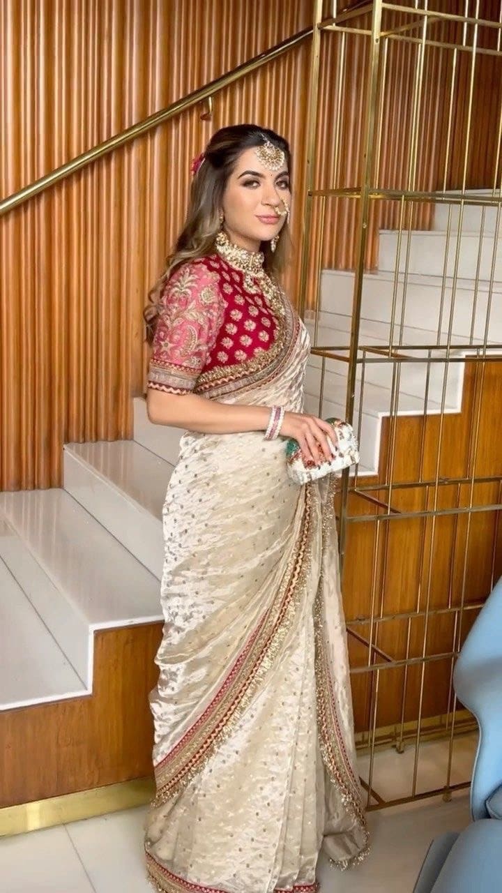 Elegant Beige Jimmy Choo Saree With Intricate Sequin Embellishments | Party Wear Saree For Women