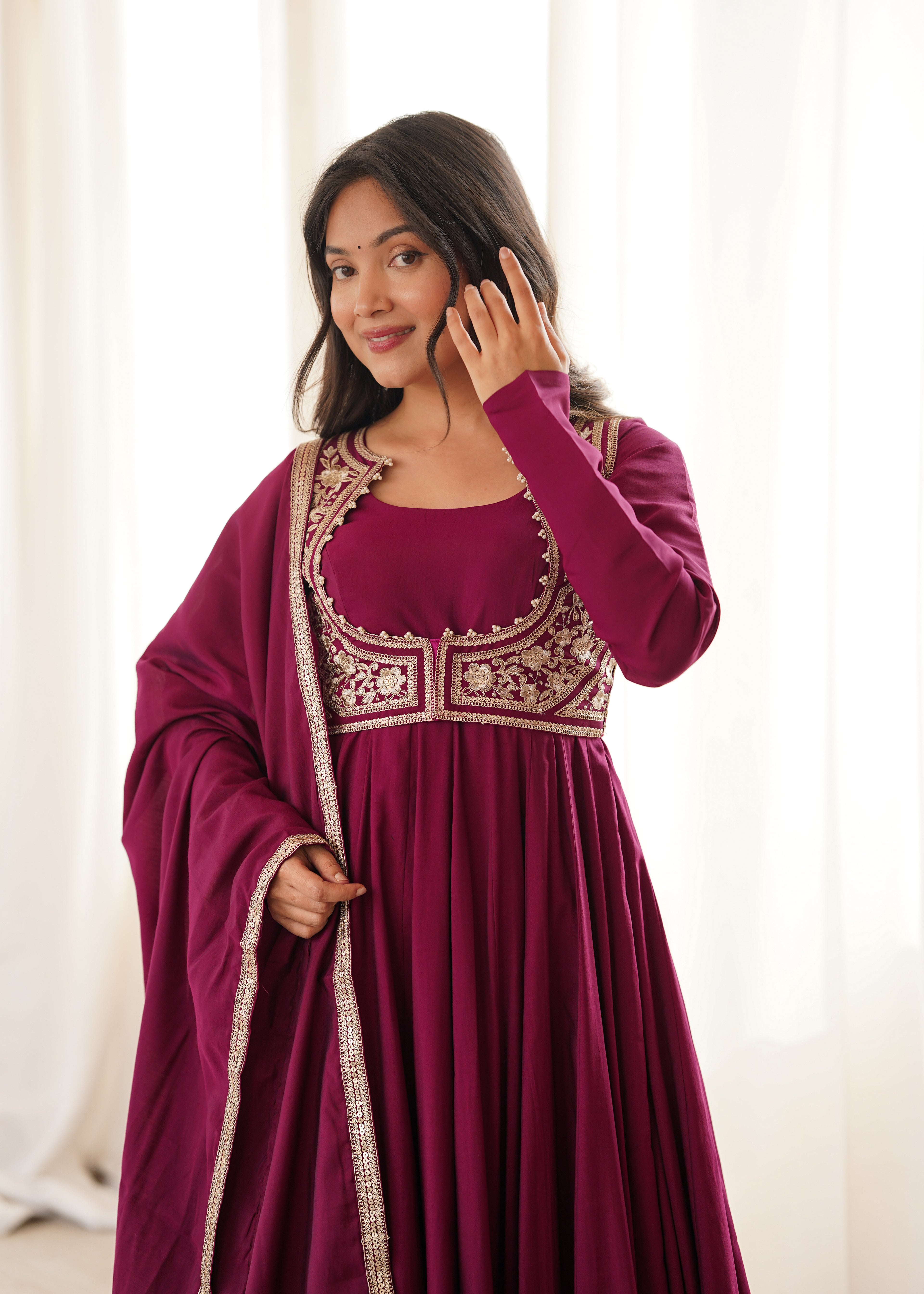 Premium Wine Pure Roman Silk Chanderi Embroidered Anarkali Suit Set with Pant