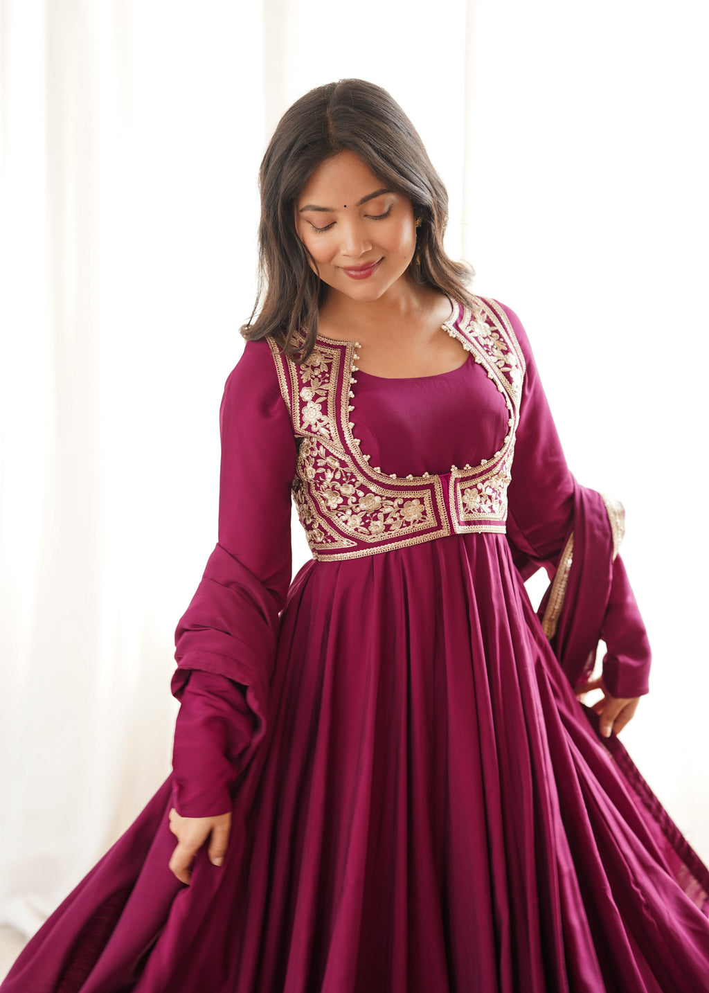 Premium Wine Pure Roman Silk Chanderi Embroidered Anarkali Suit Set with Pant