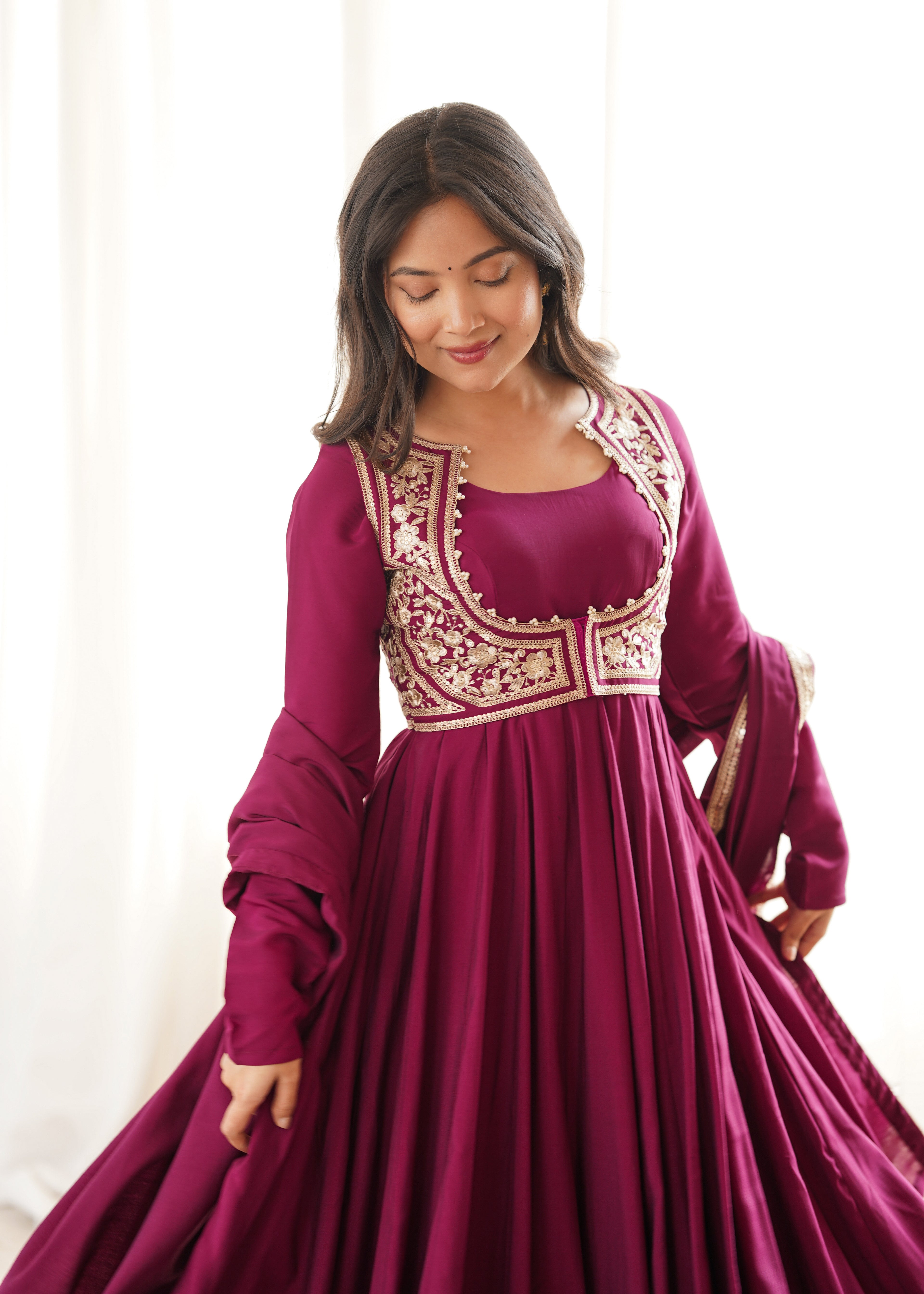 Premium Wine Pure Roman Silk Chanderi Embroidered Anarkali Suit Set with Pant