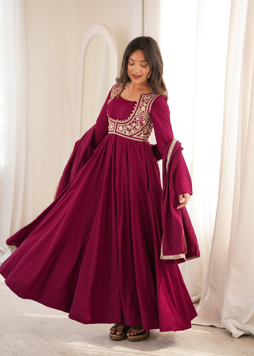 Premium Wine Pure Roman Silk Chanderi Embroidered Anarkali Suit Set with Pant