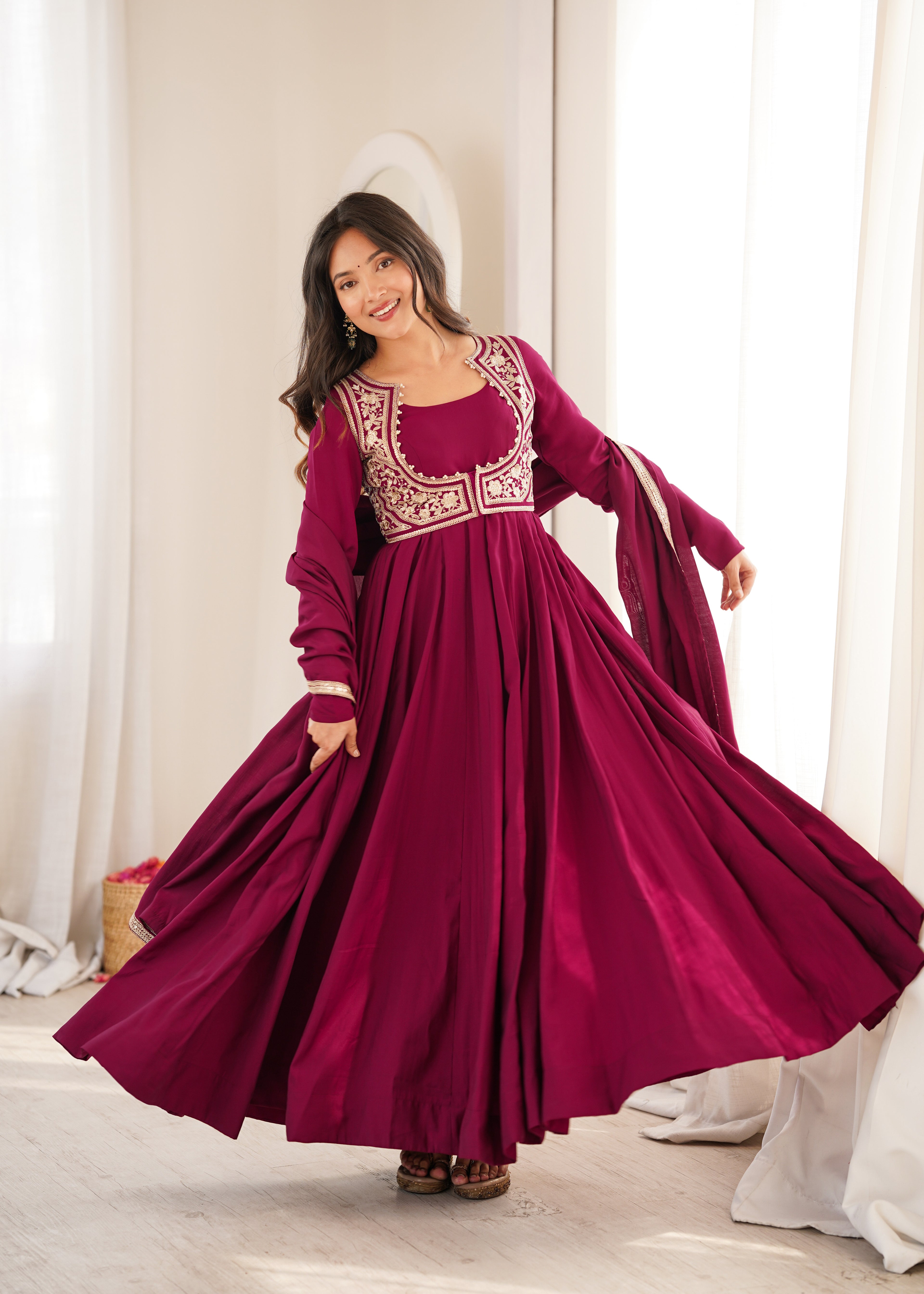 Premium Wine Pure Roman Silk Chanderi Embroidered Anarkali Suit Set with Pant