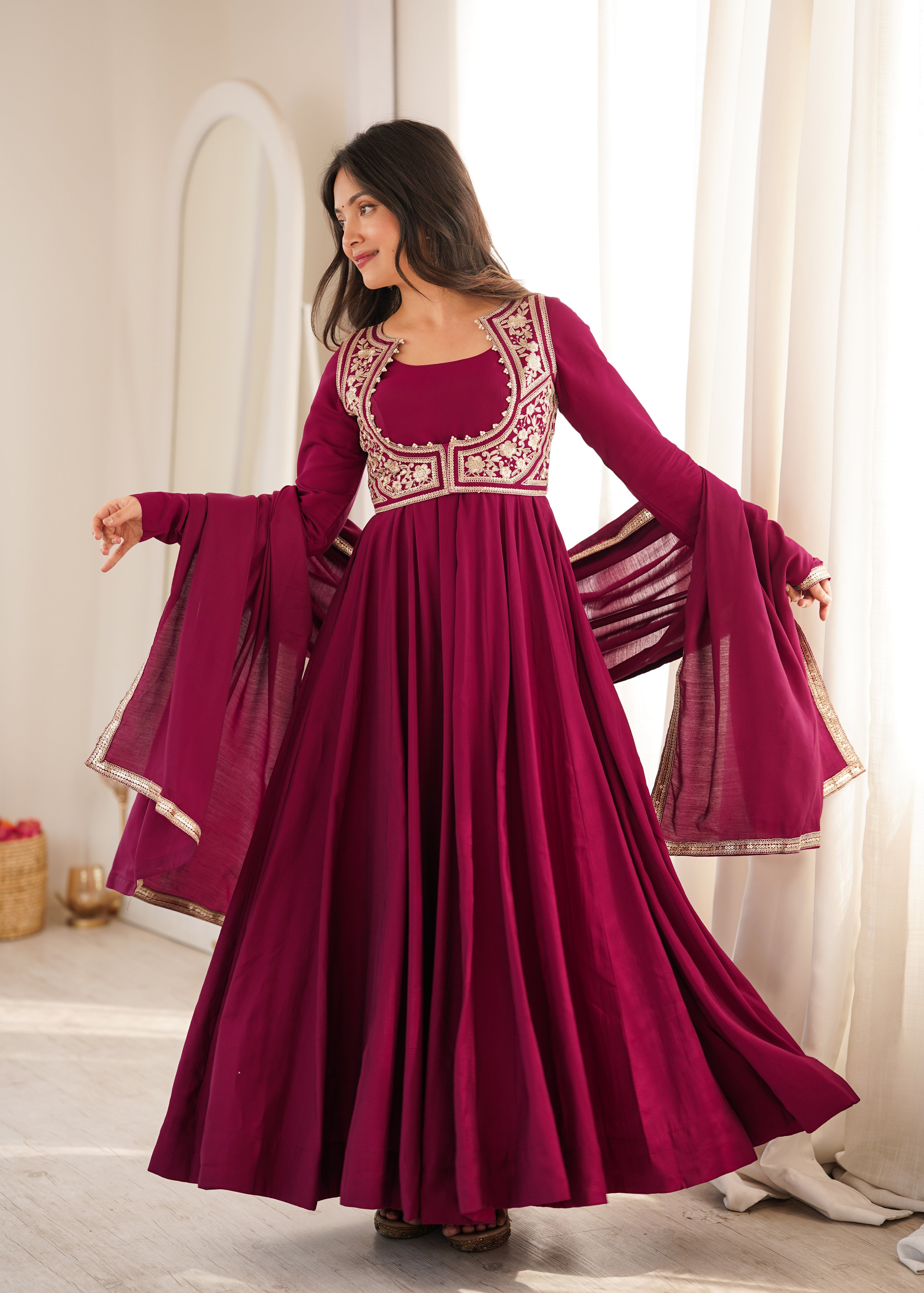 Premium Wine Pure Roman Silk Chanderi Embroidered Anarkali Suit Set with Pant