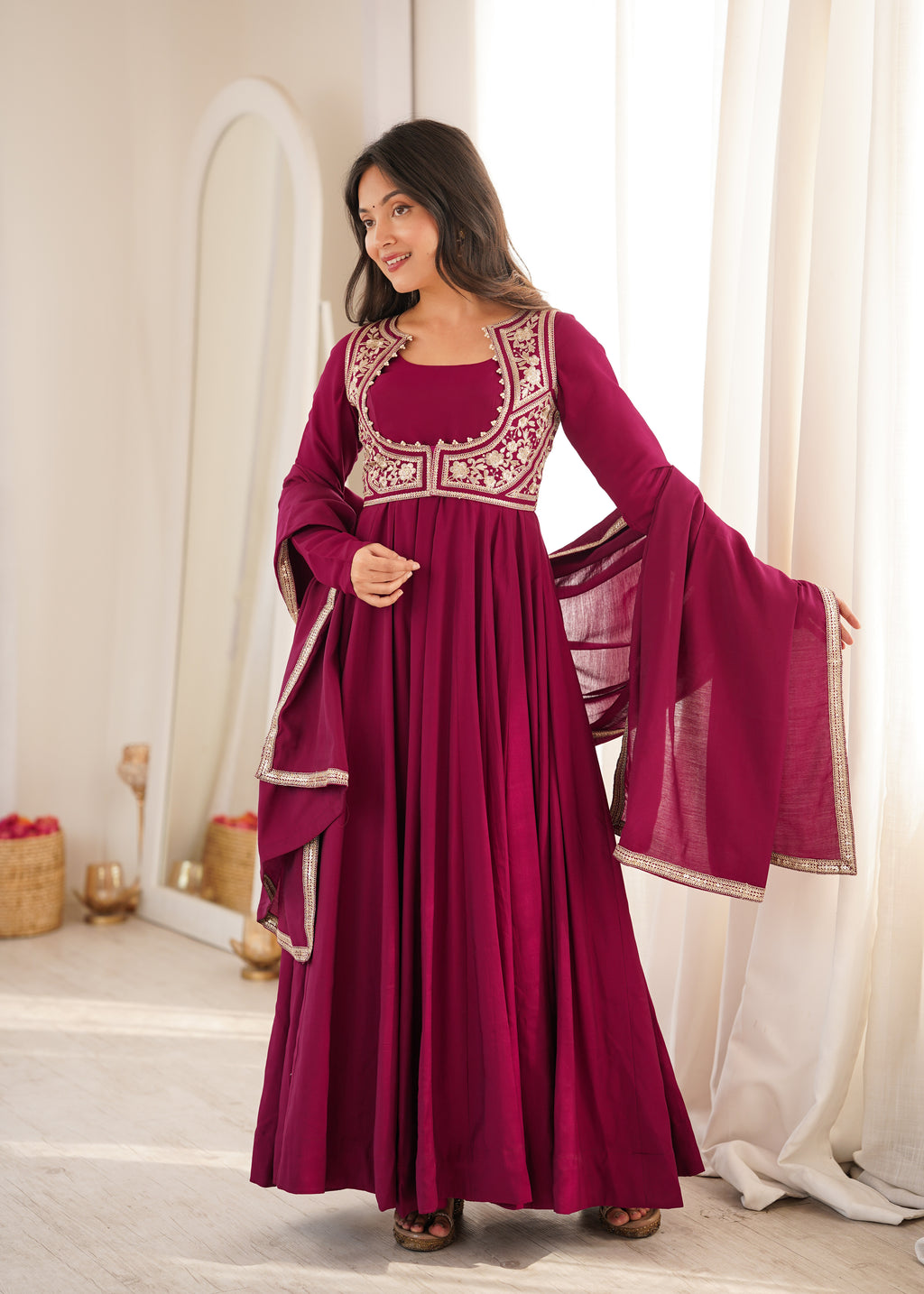 Premium Wine Pure Roman Silk Chanderi Embroidered Anarkali Suit Set with Pant