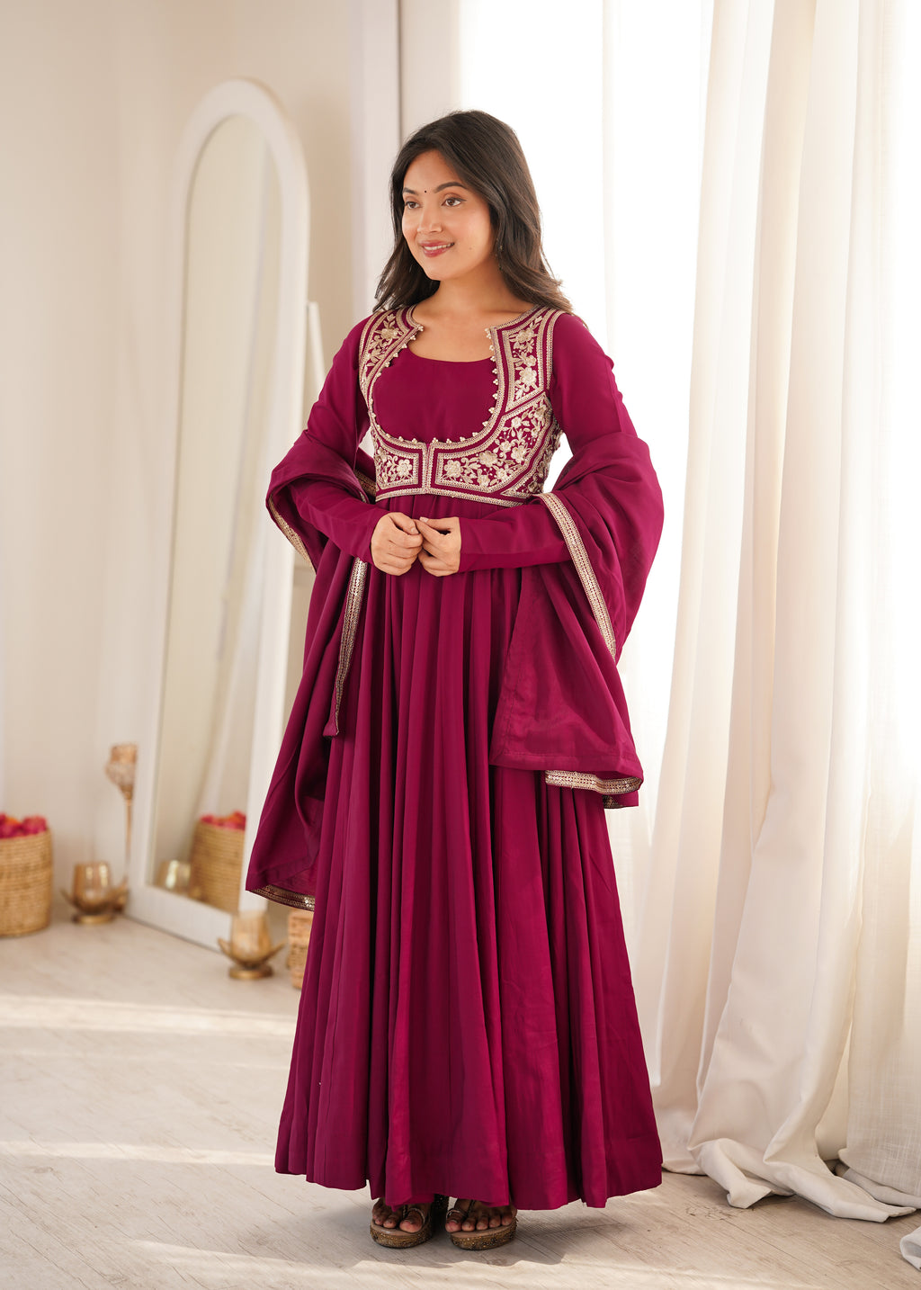 Premium Wine Pure Roman Silk Chanderi Embroidered Anarkali Suit Set with Pant