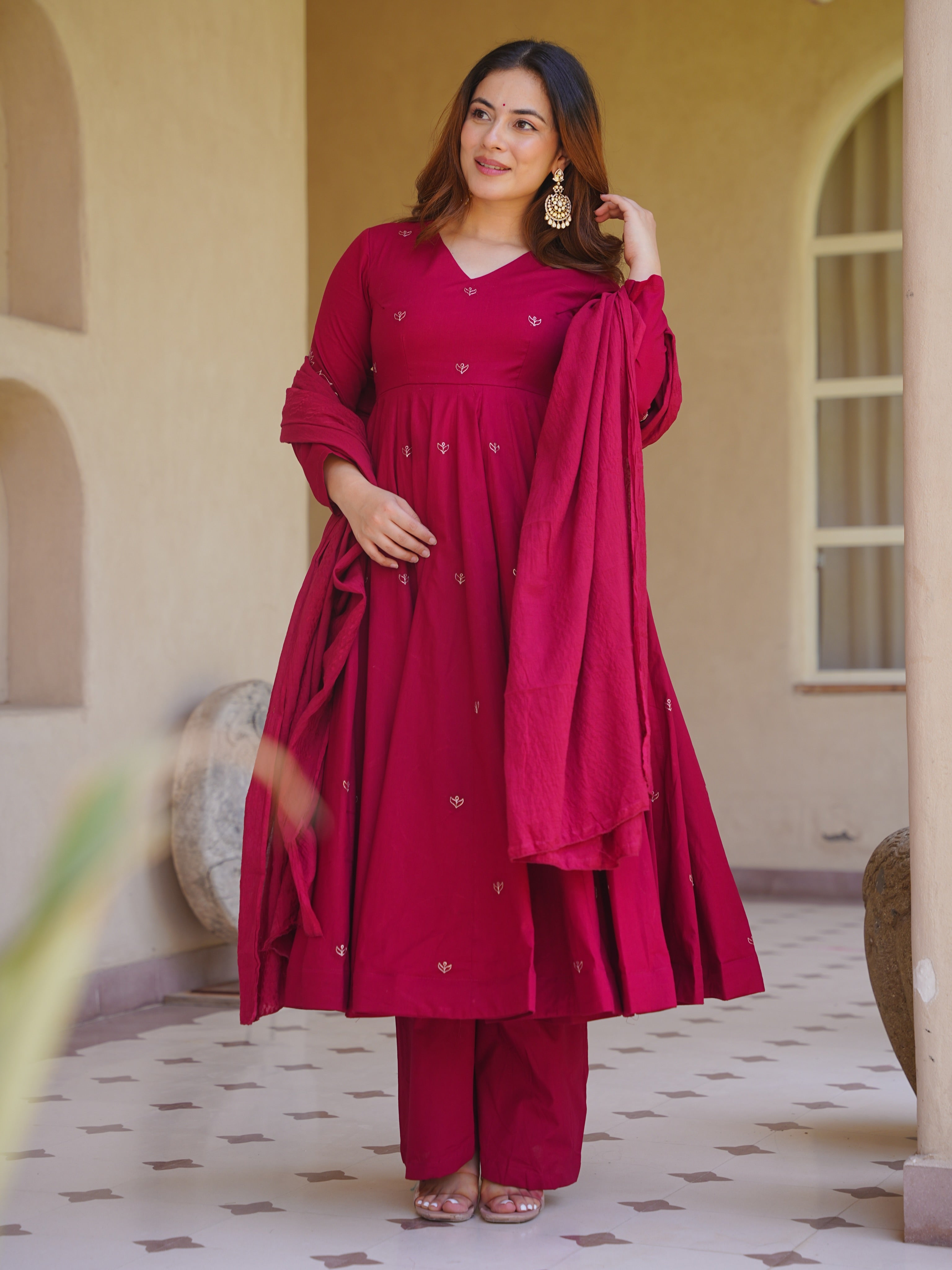 Premium Red Roman Silk Anarkali Suit Set | Embroidered Chanderi Dupatta | Women's Wedding & Festive Wear