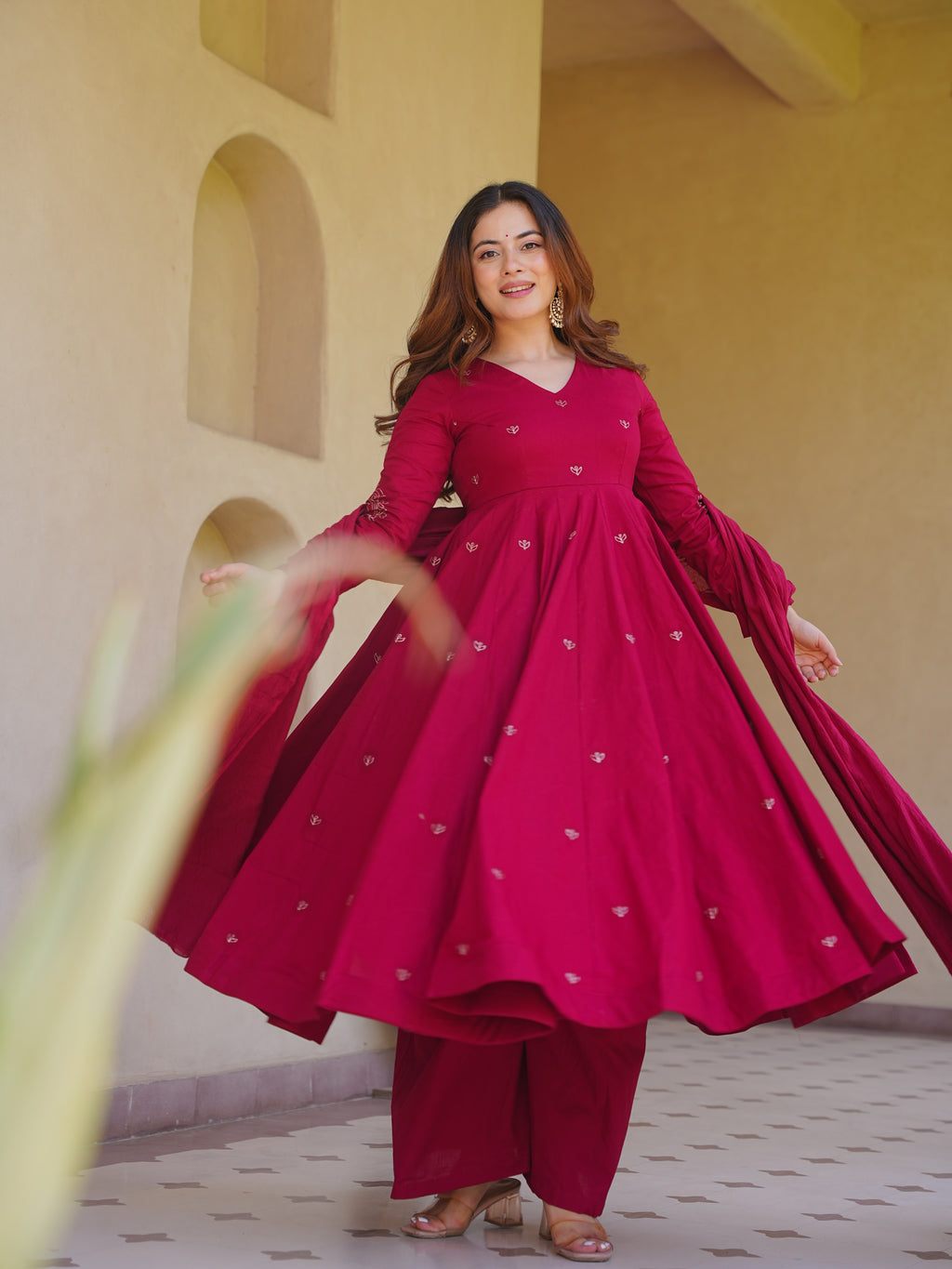 Premium Red Roman Silk Anarkali Suit Set | Embroidered Chanderi Dupatta | Women's Wedding & Festive Wear