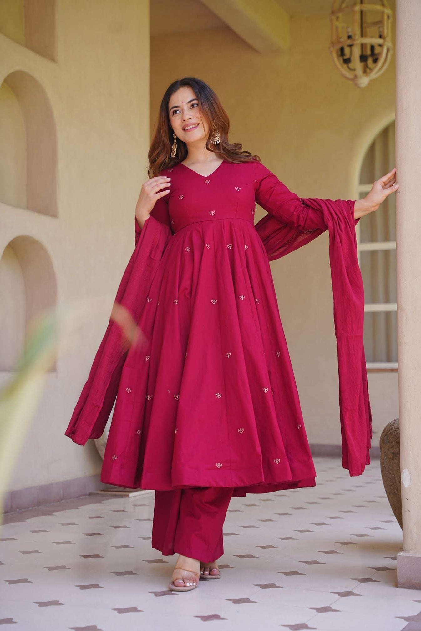 Premium Red Roman Silk Anarkali Suit Set | Embroidered Chanderi Dupatta | Women's Wedding & Festive Wear