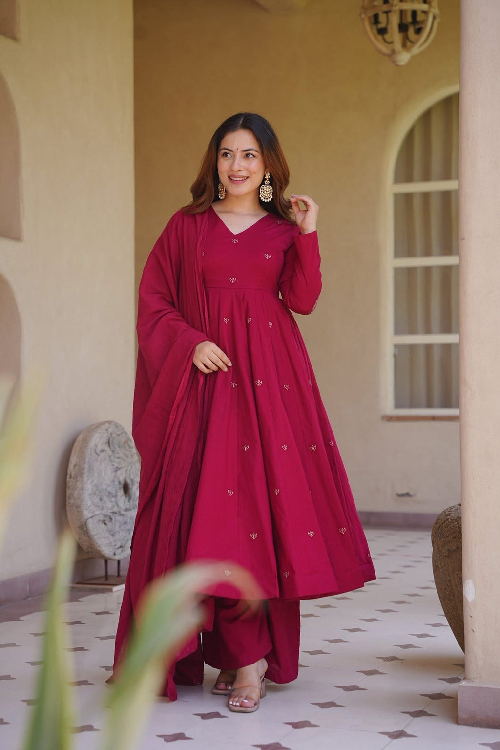 Premium Red Roman Silk Anarkali Suit Set | Embroidered Chanderi Dupatta | Women's Wedding & Festive Wear