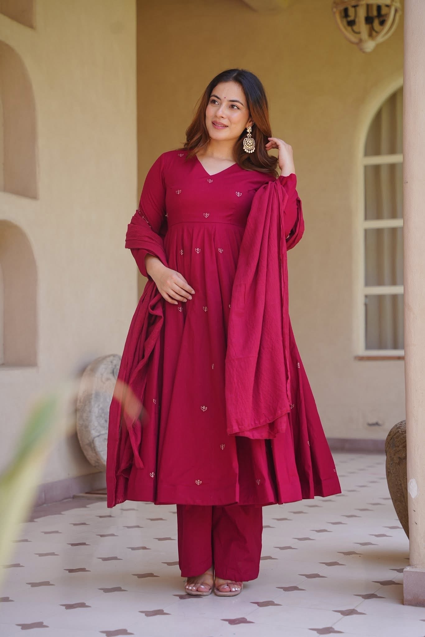 Premium Red Roman Silk Anarkali Suit Set | Embroidered Chanderi Dupatta | Women's Wedding & Festive Wear