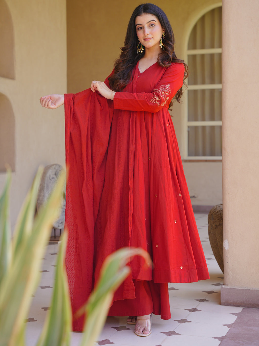 Premium Red Roman Silk Anarkali Suit Set | Embroidered Chanderi Dupatta | Women's Wedding & Festive Wear