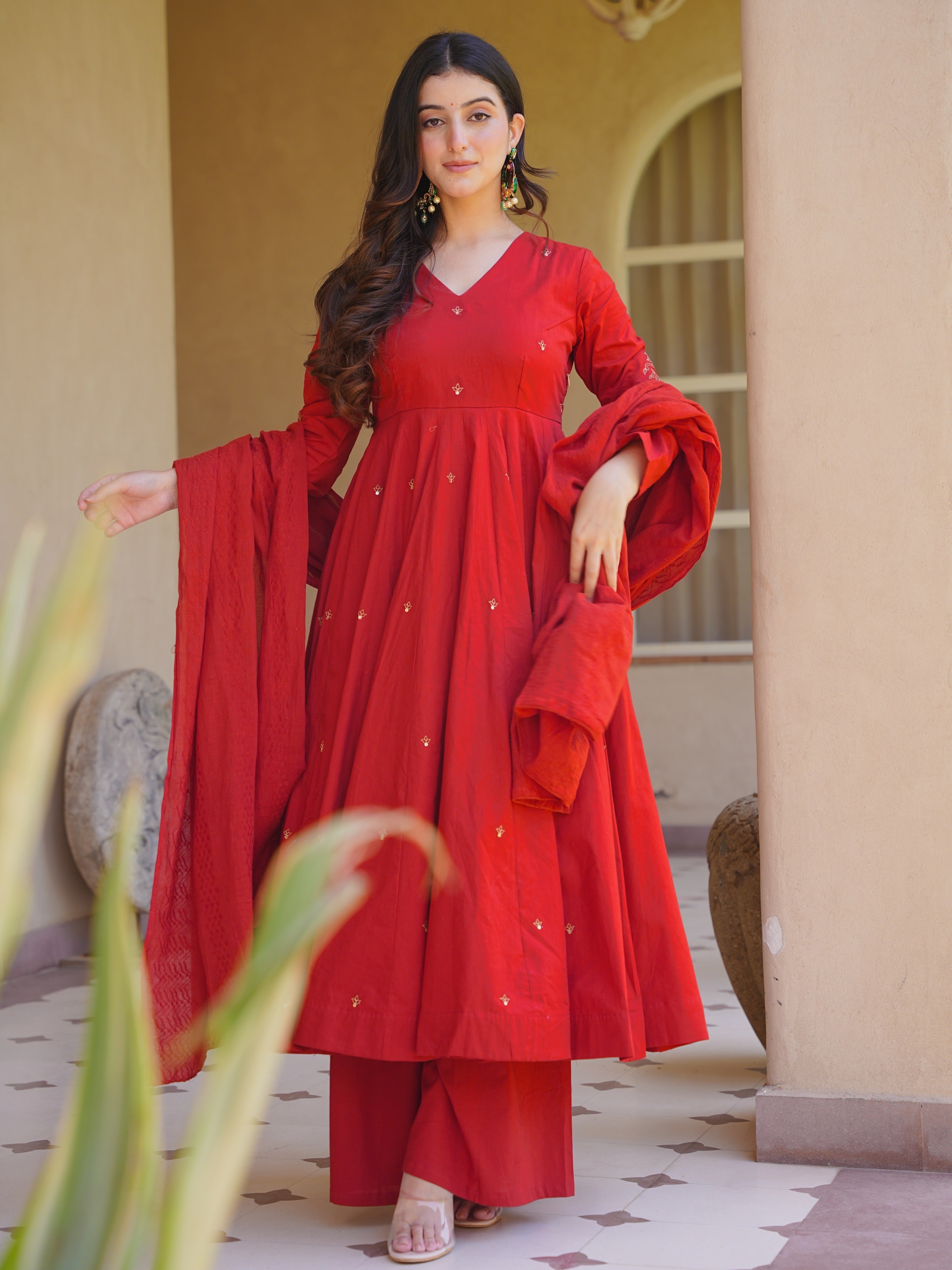 Premium Red Roman Silk Anarkali Suit Set | Embroidered Chanderi Dupatta | Women's Wedding & Festive Wear