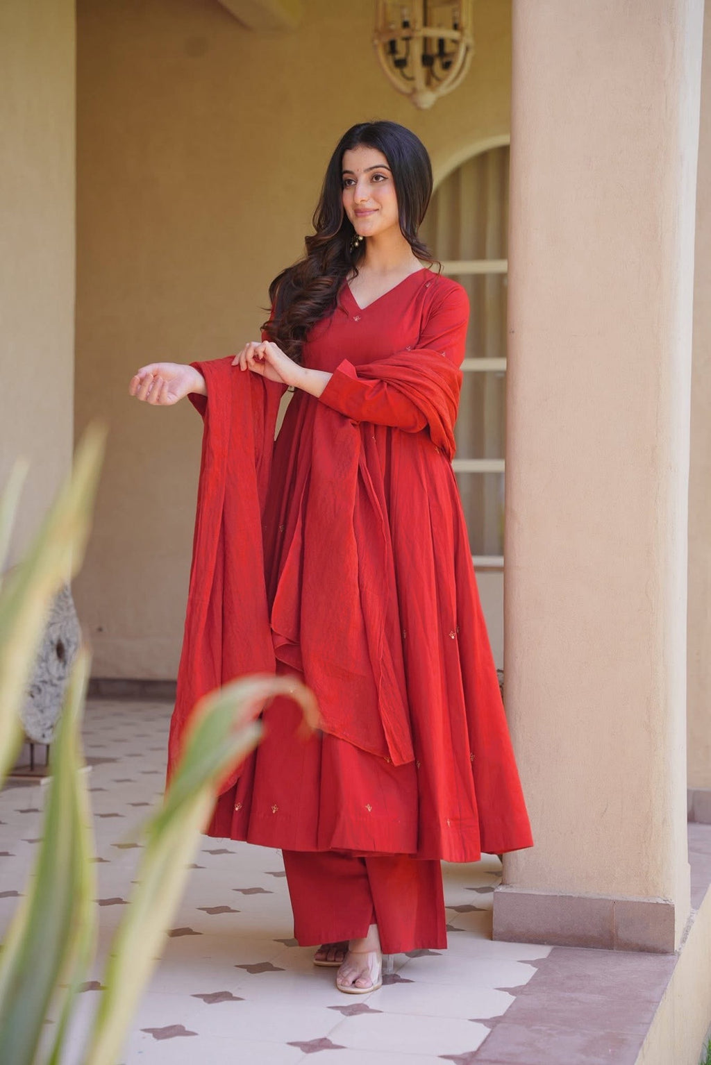 Premium Red Roman Silk Anarkali Suit Set | Embroidered Chanderi Dupatta | Women's Wedding & Festive Wear