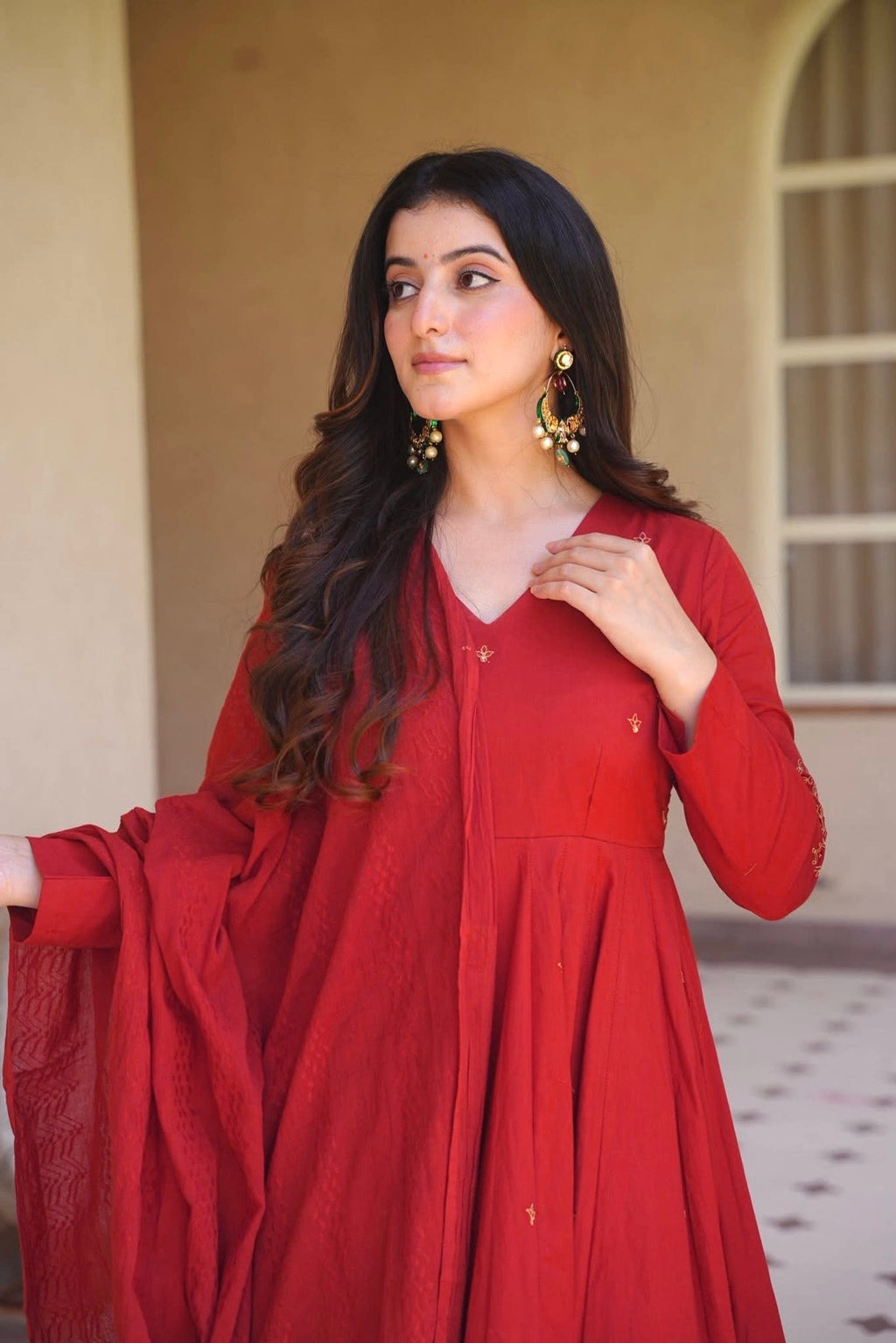 Premium Red Roman Silk Anarkali Suit Set | Embroidered Chanderi Dupatta | Women's Wedding & Festive Wear