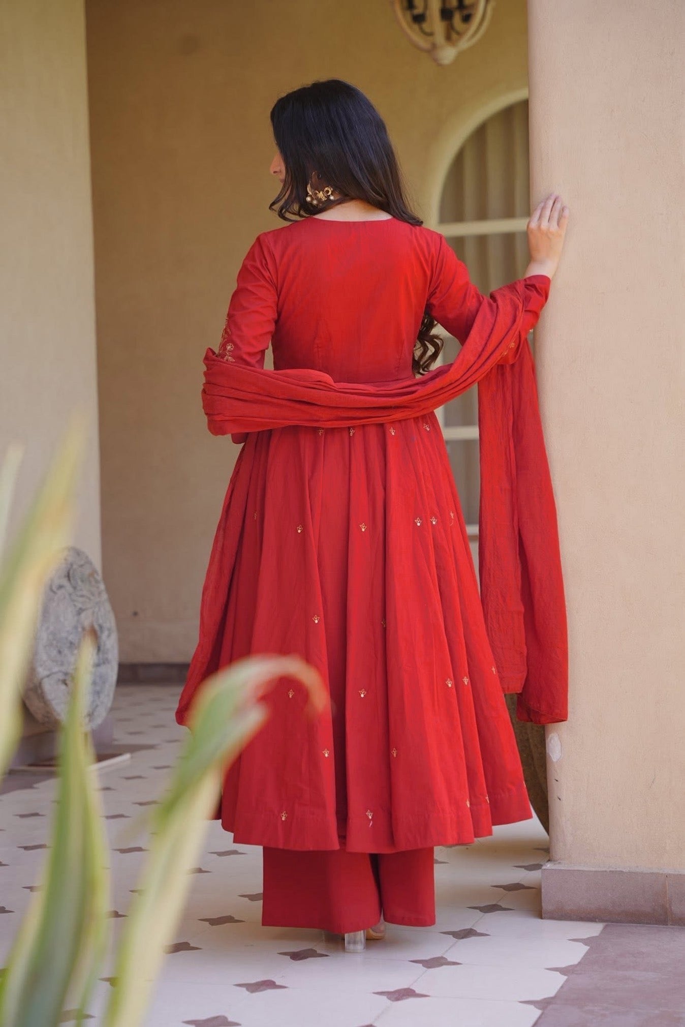 Premium Red Roman Silk Anarkali Suit Set | Embroidered Chanderi Dupatta | Women's Wedding & Festive Wear