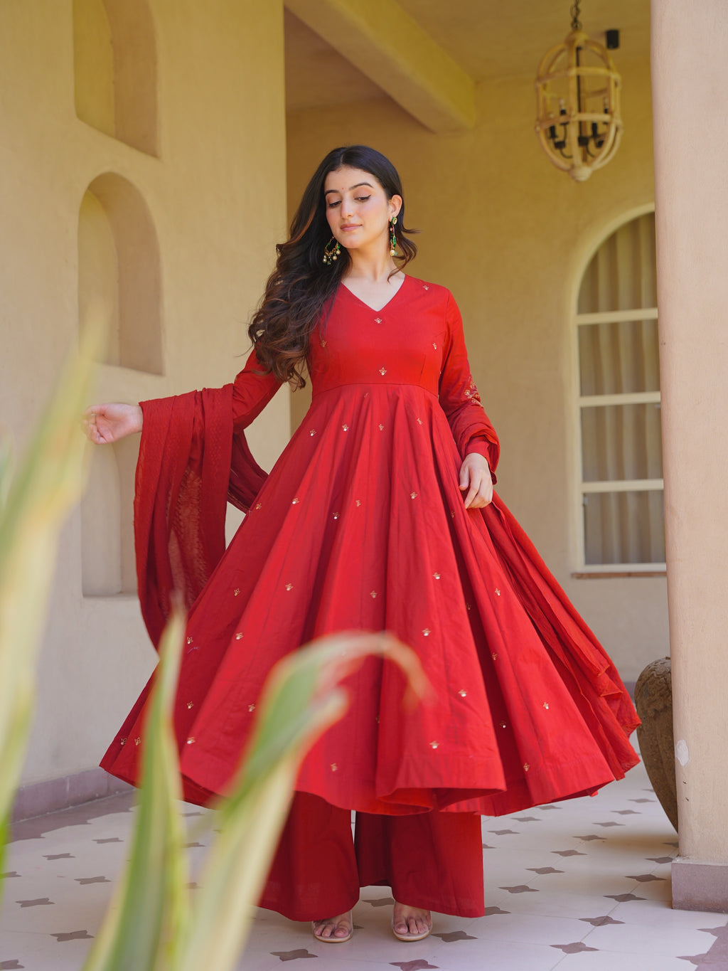 Premium Red Roman Silk Anarkali Suit Set | Embroidered Chanderi Dupatta | Women's Wedding & Festive Wear
