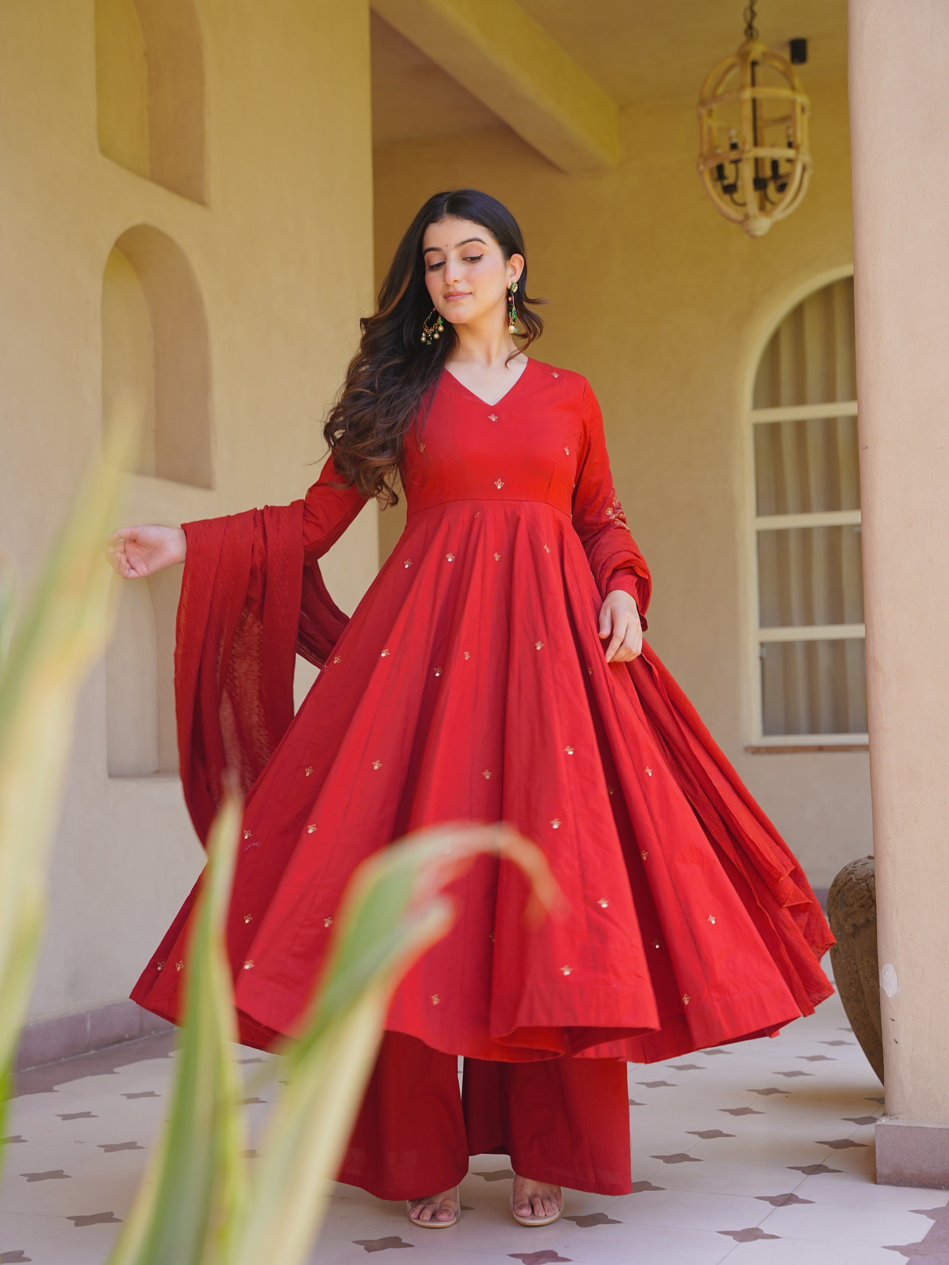 Premium Red Roman Silk Anarkali Suit Set | Embroidered Chanderi Dupatta | Women's Wedding & Festive Wear