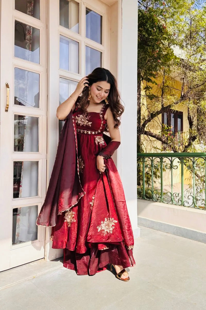 Fendy Silk Gown Sharara Set Embroidery Party Wear