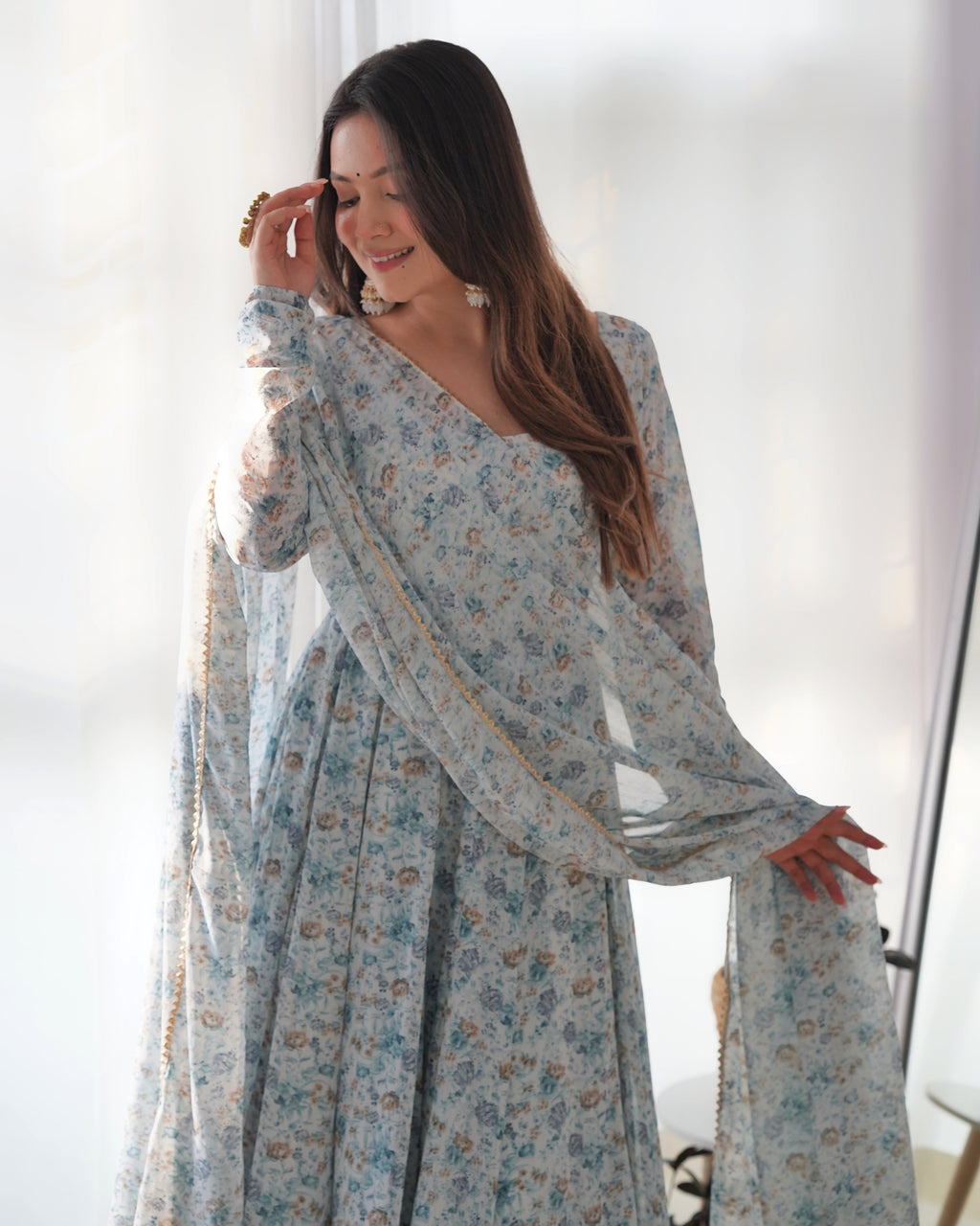 White & Sea Printed Organza Chiffon Anarkali Suit For Women