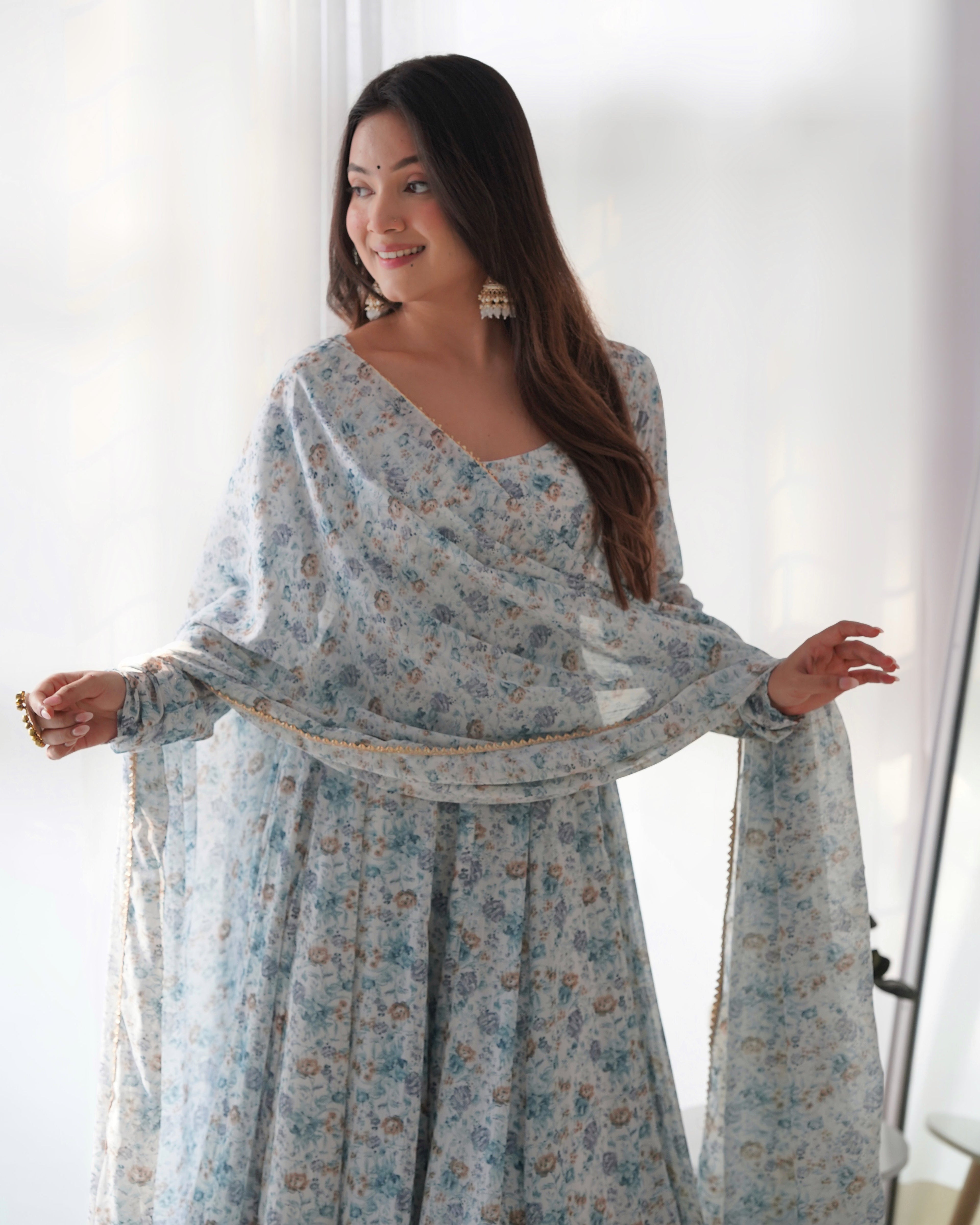 White & Sea Printed Organza Chiffon Anarkali Suit For Women