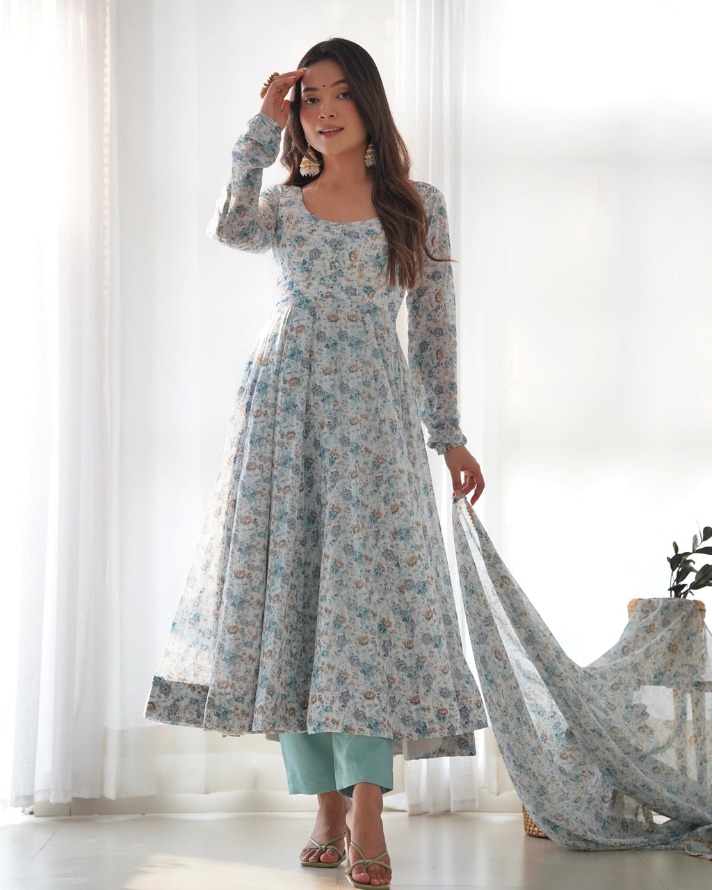 White & Sea Printed Organza Chiffon Anarkali Suit For Women