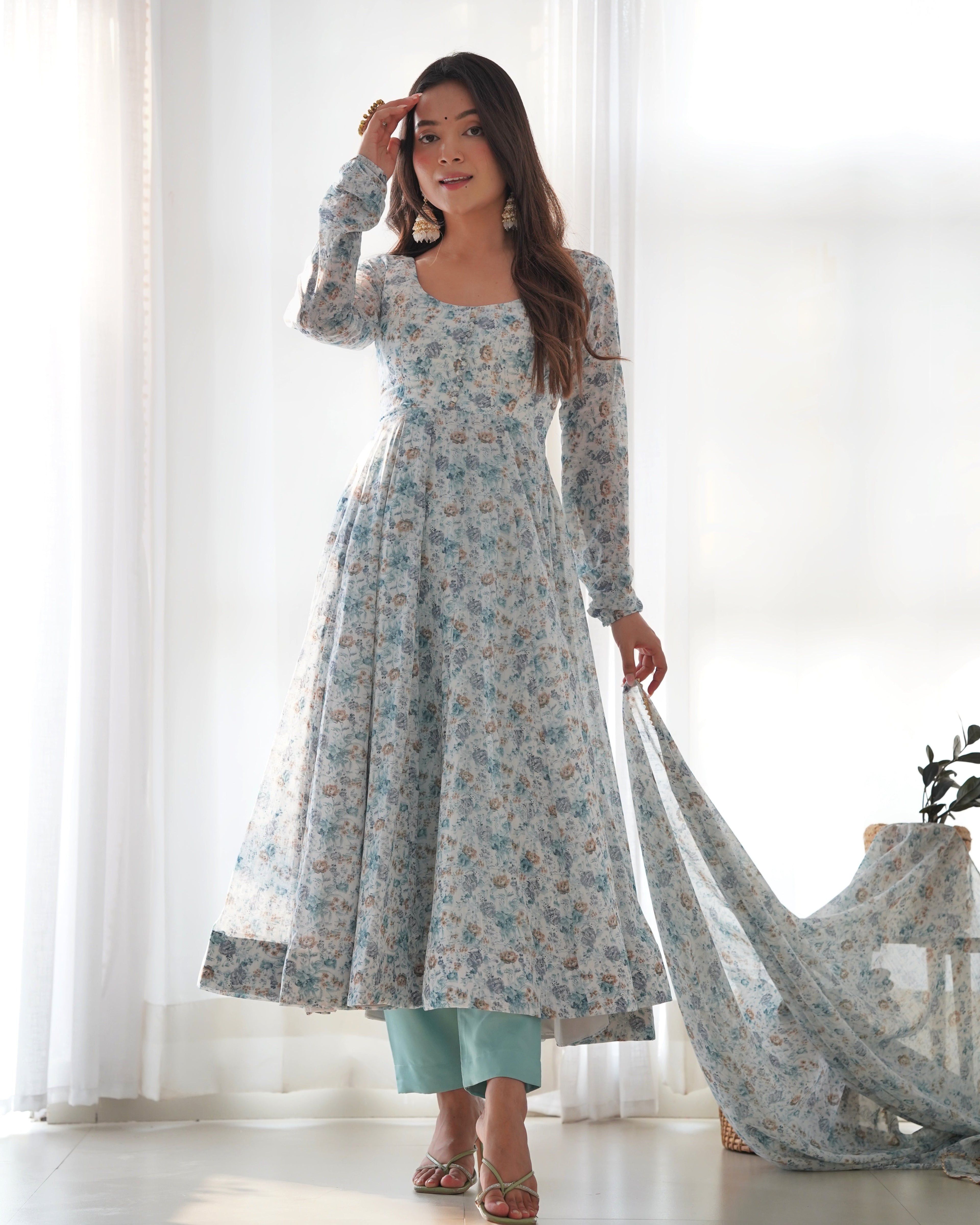 White & Sea Printed Organza Chiffon Anarkali Suit For Women