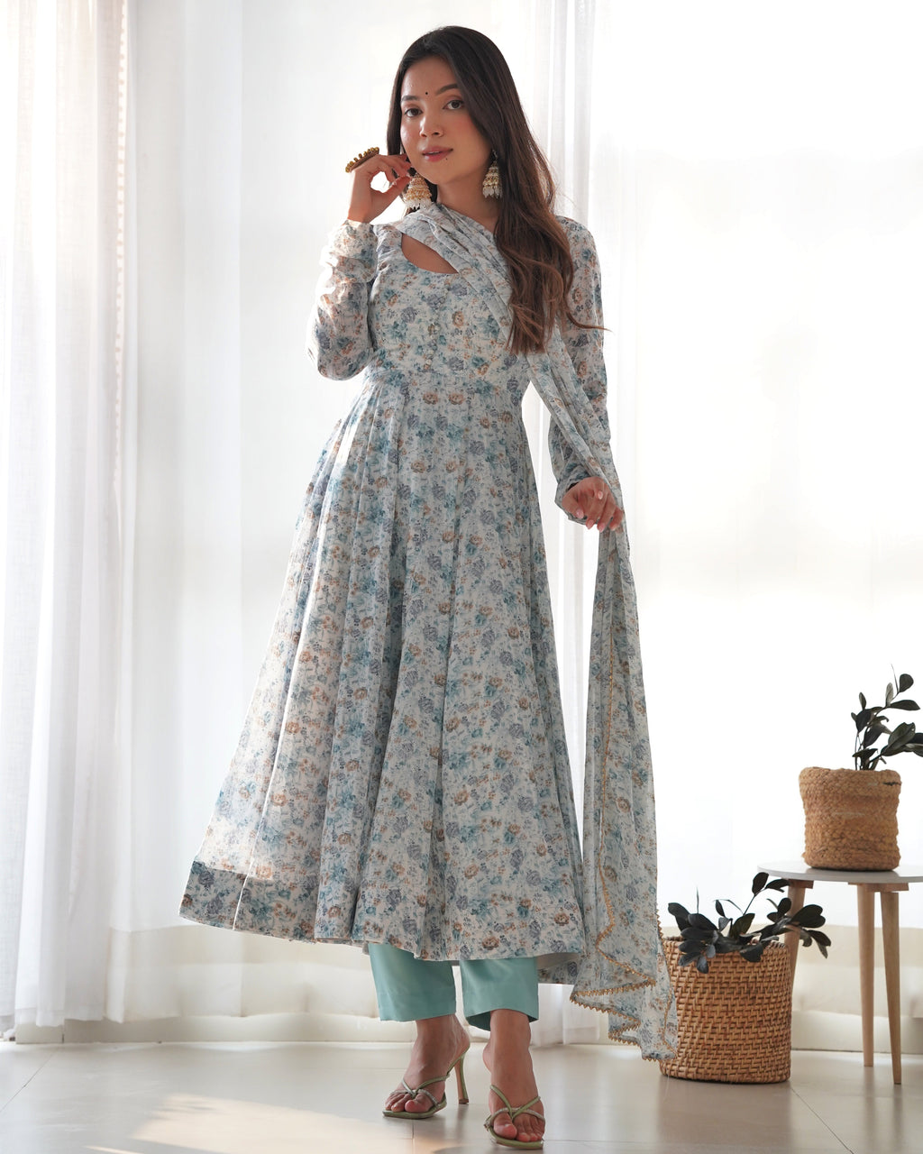 White & Sea Printed Organza Chiffon Anarkali Suit For Women