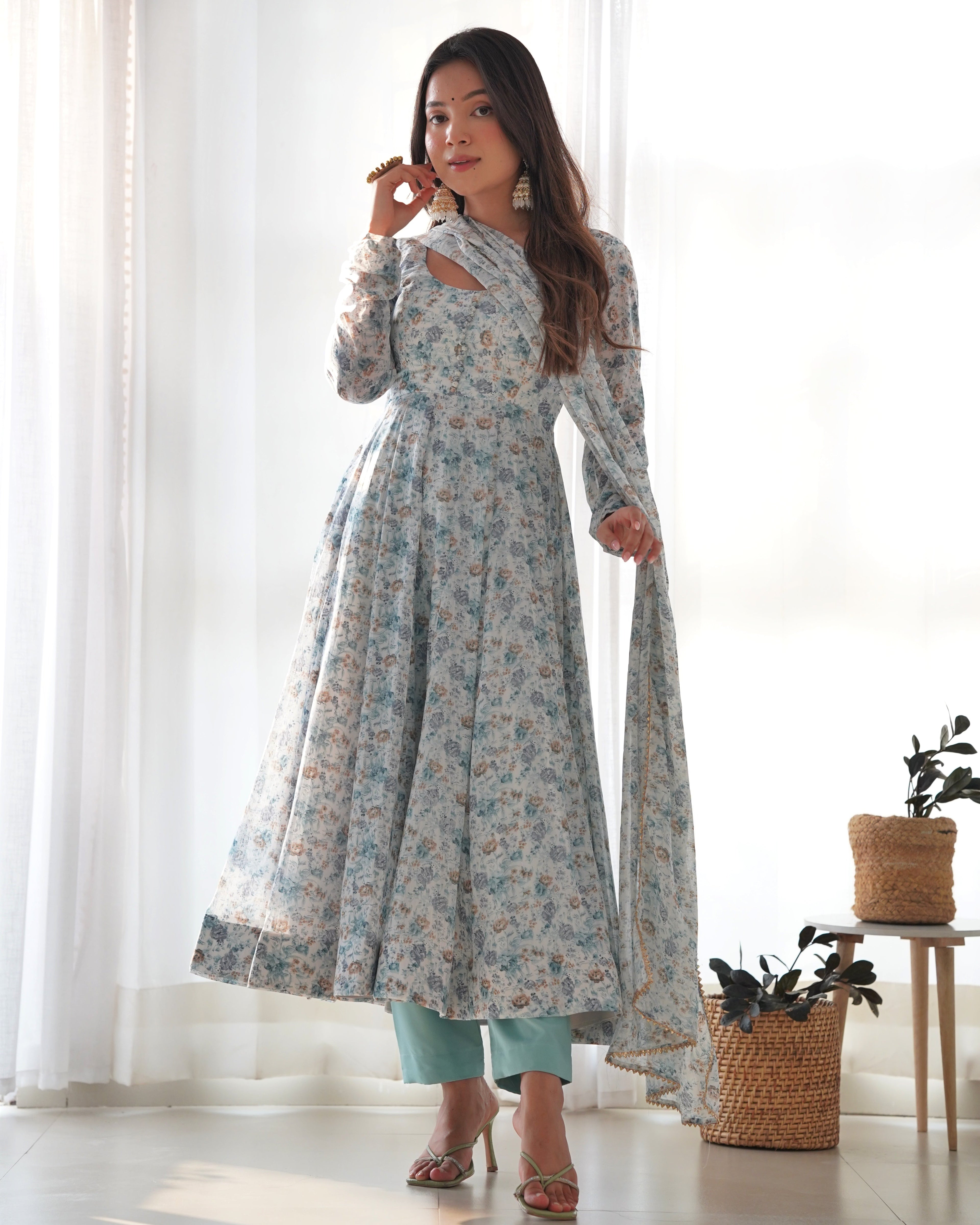 White & Sea Printed Organza Chiffon Anarkali Suit For Women