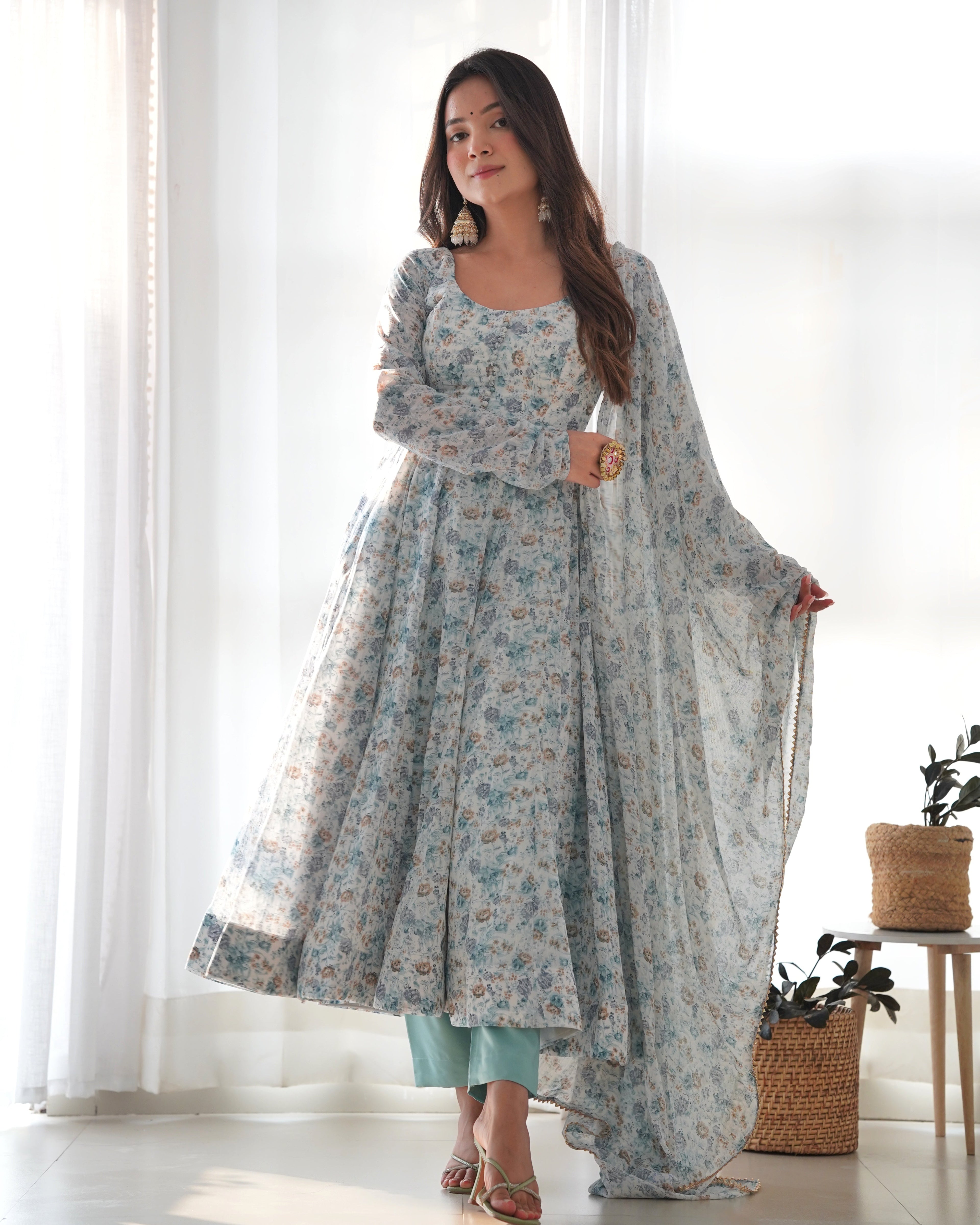 White & Sea Printed Organza Chiffon Anarkali Suit For Women