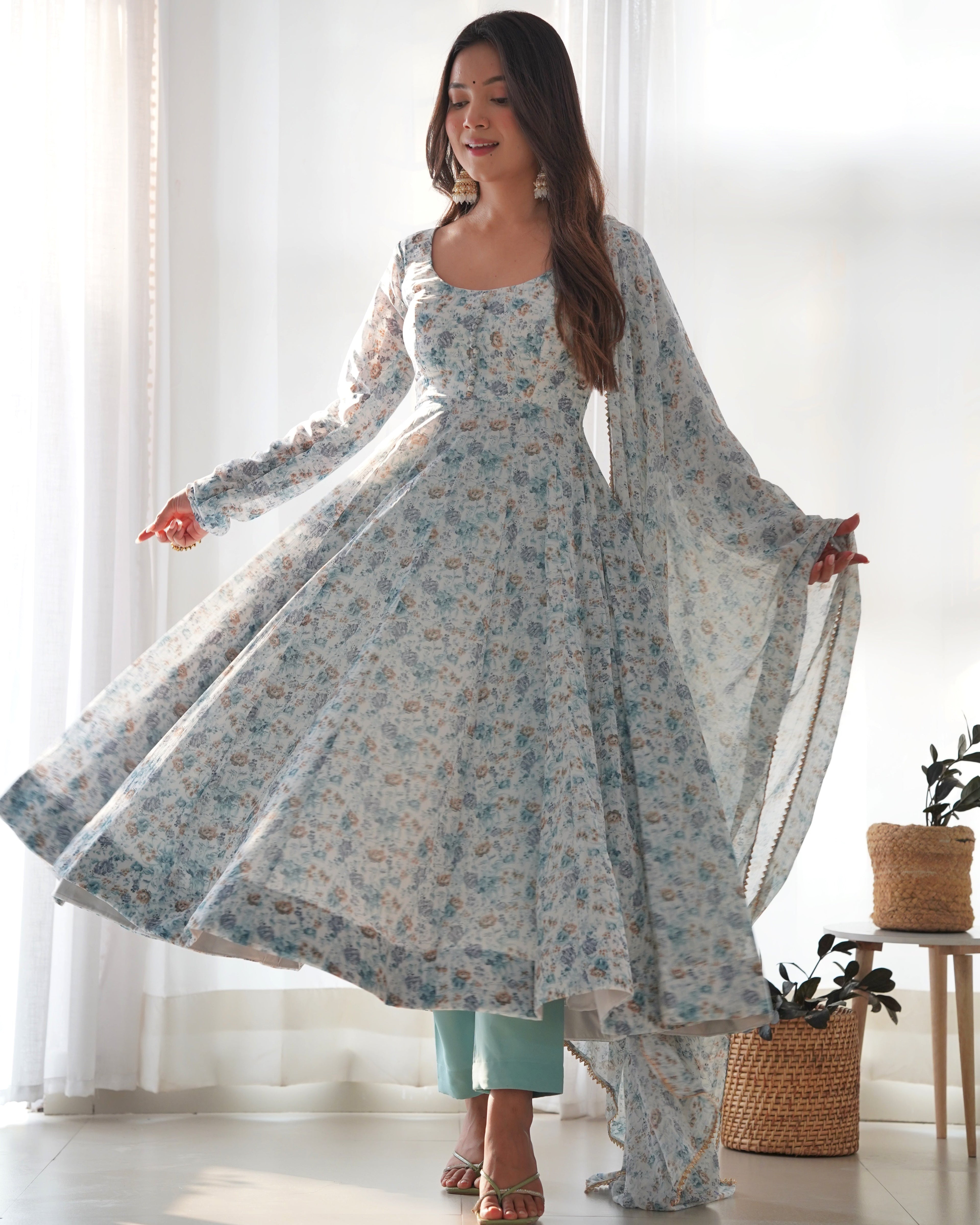 White & Sea Printed Organza Chiffon Anarkali Suit For Women