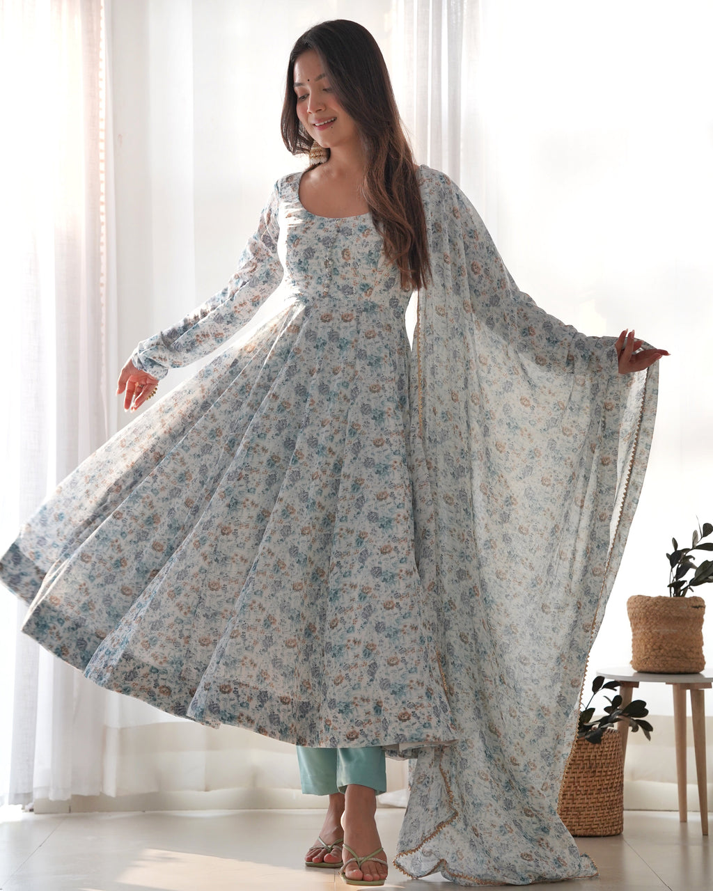 White & Sea Printed Organza Chiffon Anarkali Suit For Women