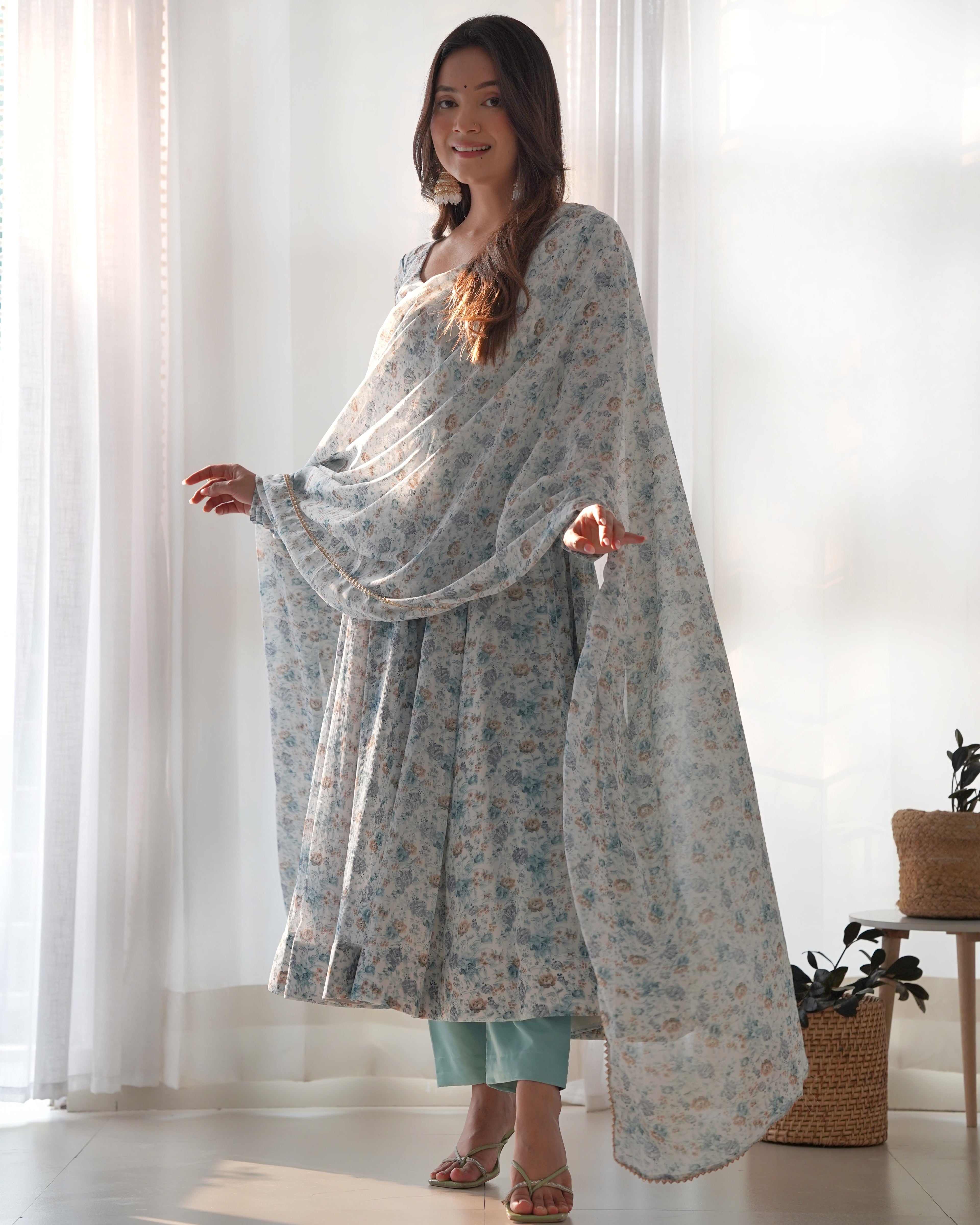 White & Sea Printed Organza Chiffon Anarkali Suit For Women