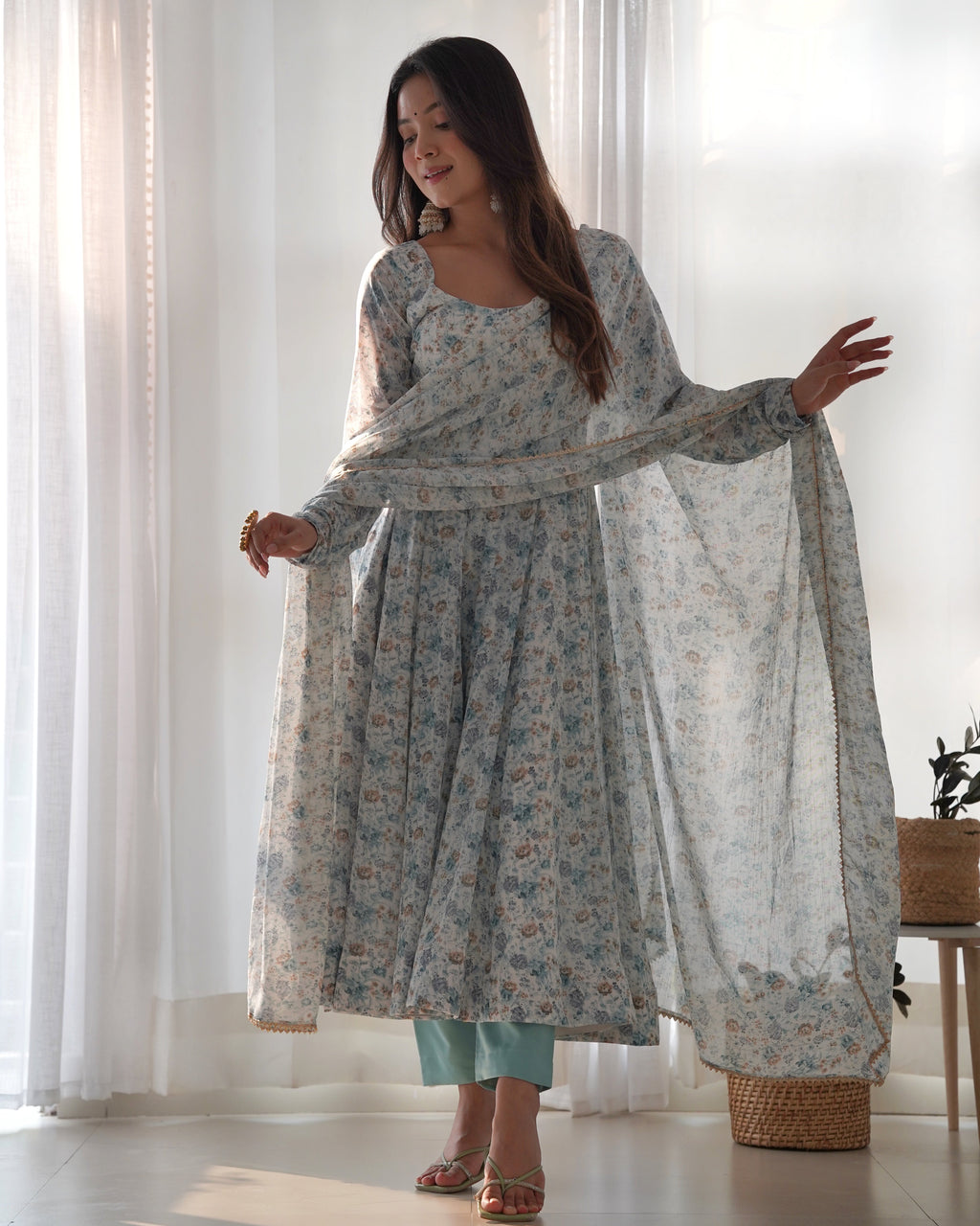White & Sea Printed Organza Chiffon Anarkali Suit For Women