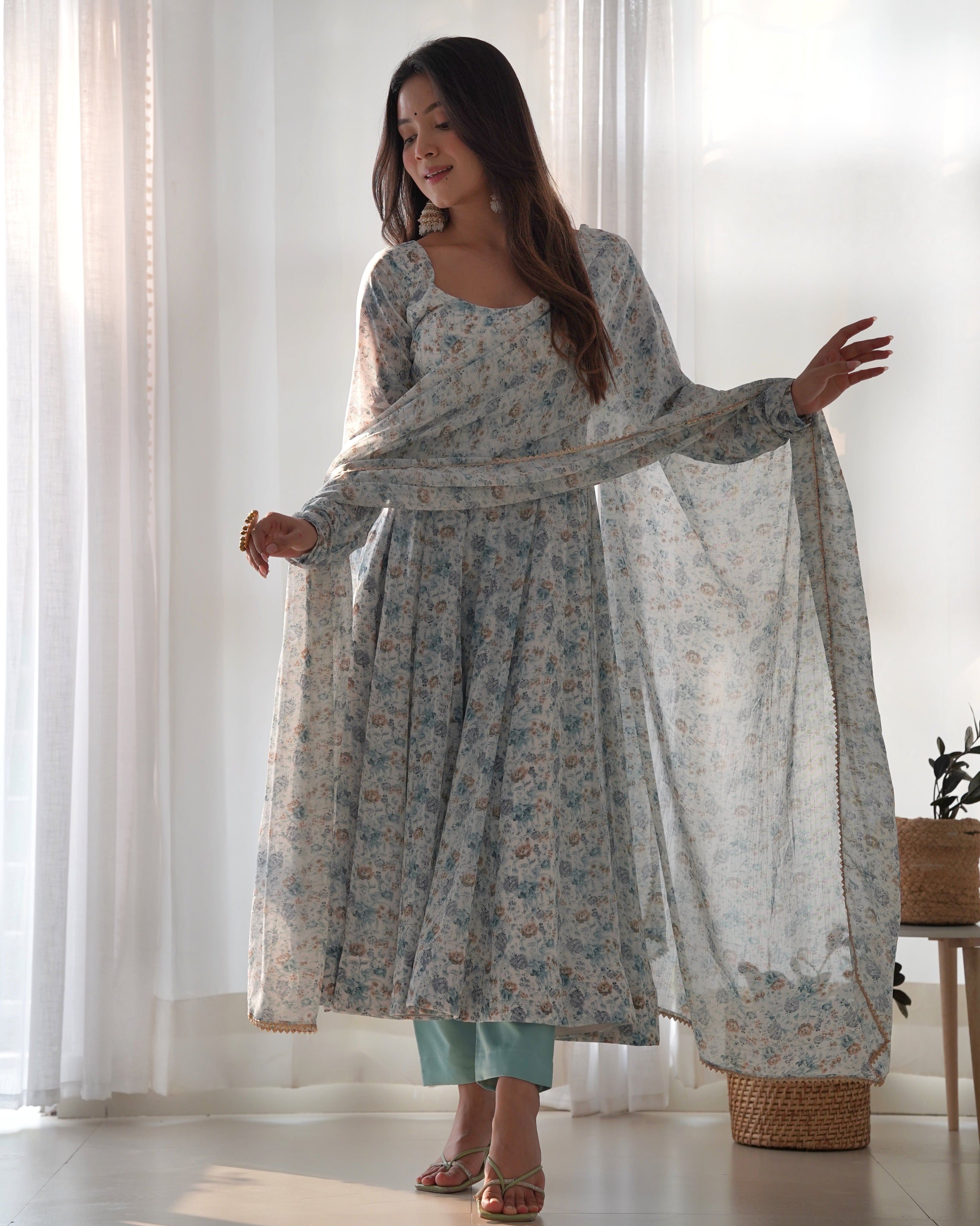 White & Sea Printed Organza Chiffon Anarkali Suit For Women