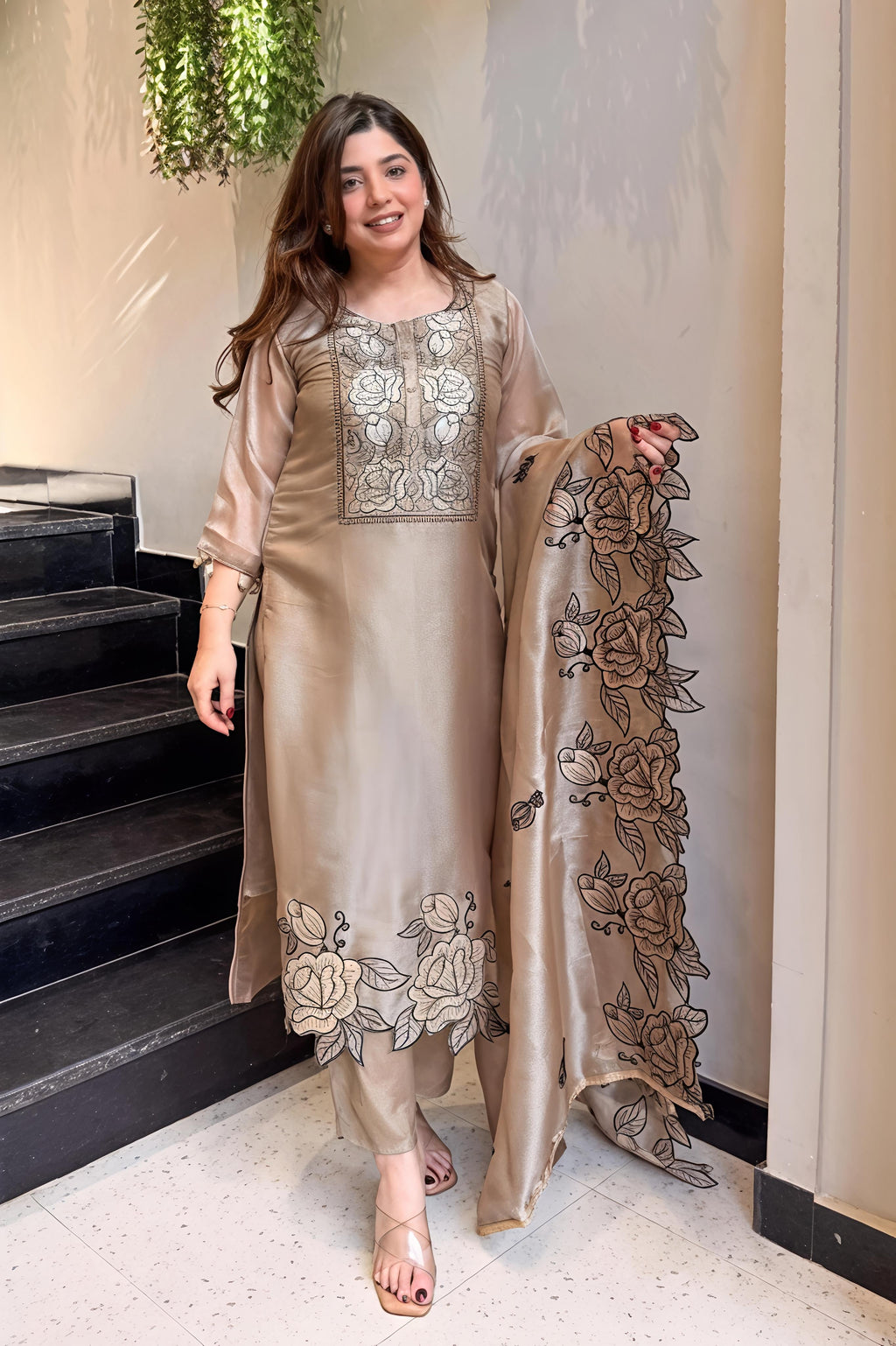 Champagne Gold Mul Chanderi Embroidered Kurta Pant Set with Dupatta