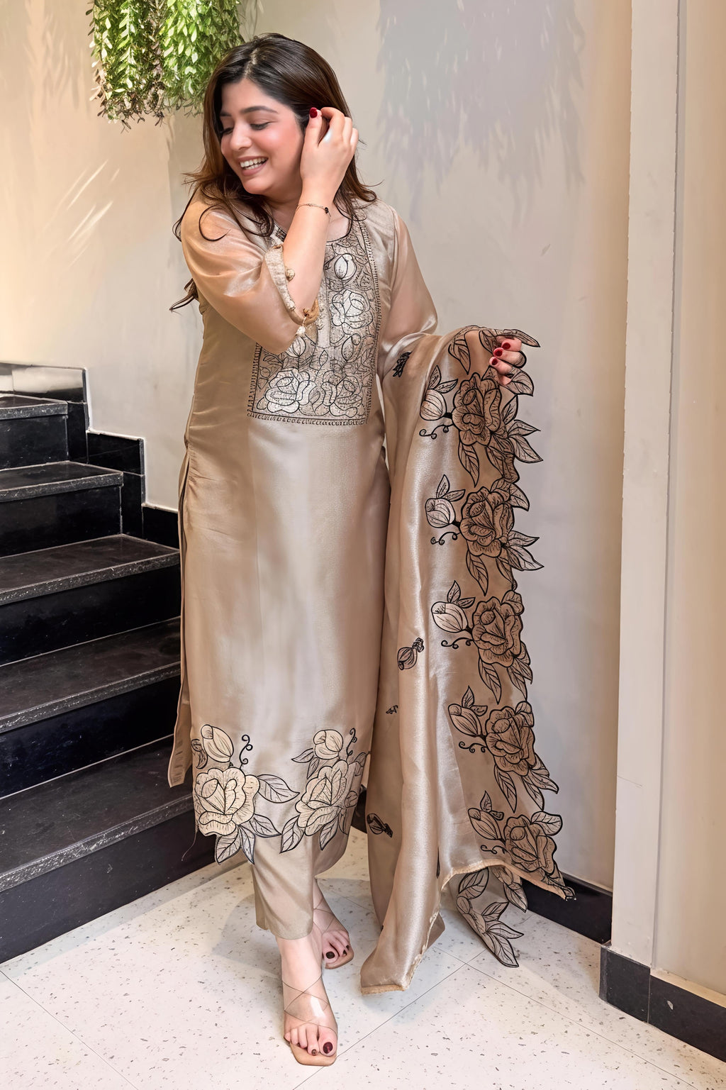 Champagne Gold Mul Chanderi Embroidered Kurta Pant Set with Dupatta