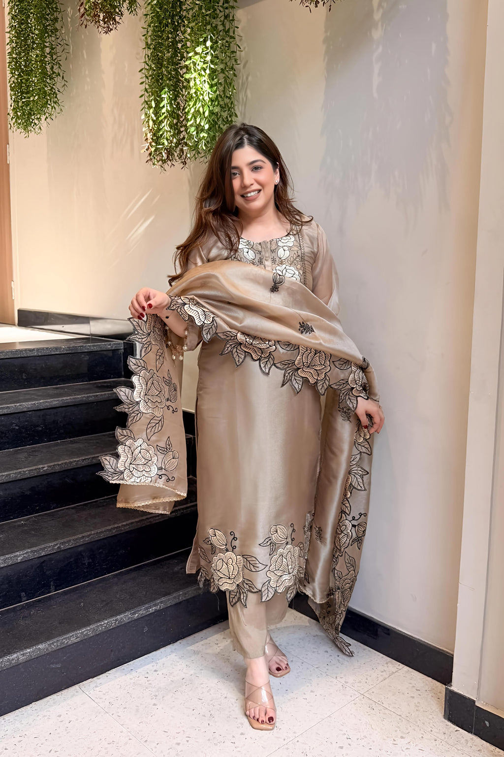 Champagne Gold Mul Chanderi Embroidered Kurta Pant Set with Dupatta