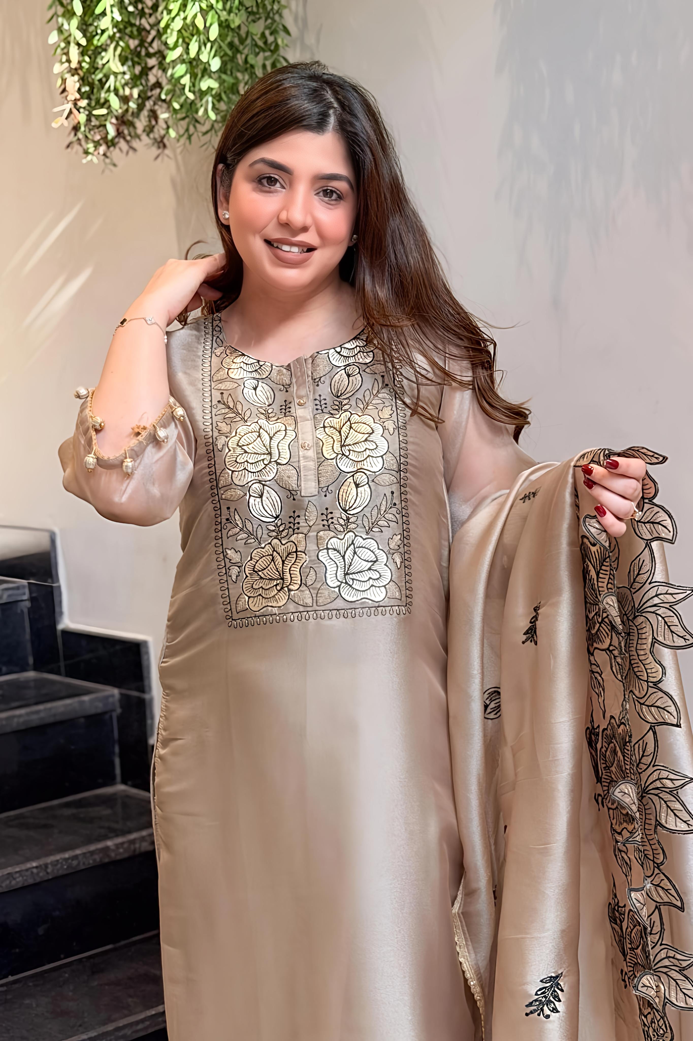 Champagne Gold Mul Chanderi Embroidered Kurta Pant Set with Dupatta